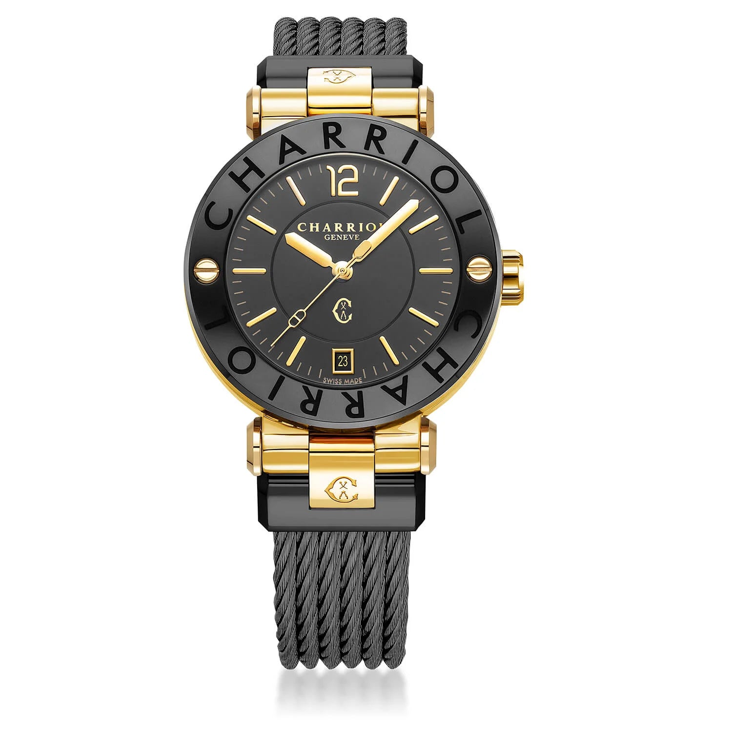 NAVIGATOR CRUISE, 41MM, QUARTZ CALIBRE, BLACK WITH 2 YELLOW ARABIC AND 9 INDEX, STEEL BLACK PVD "CHARRIOL CHARRIOL" WITH 2 SCREWS BEZEL, STEEL BLACK PVD INTERCHANGEABLE CABLE BRACELET WITH YELLOW GOLD ATTACHED - © 2024 Charriol - Watch