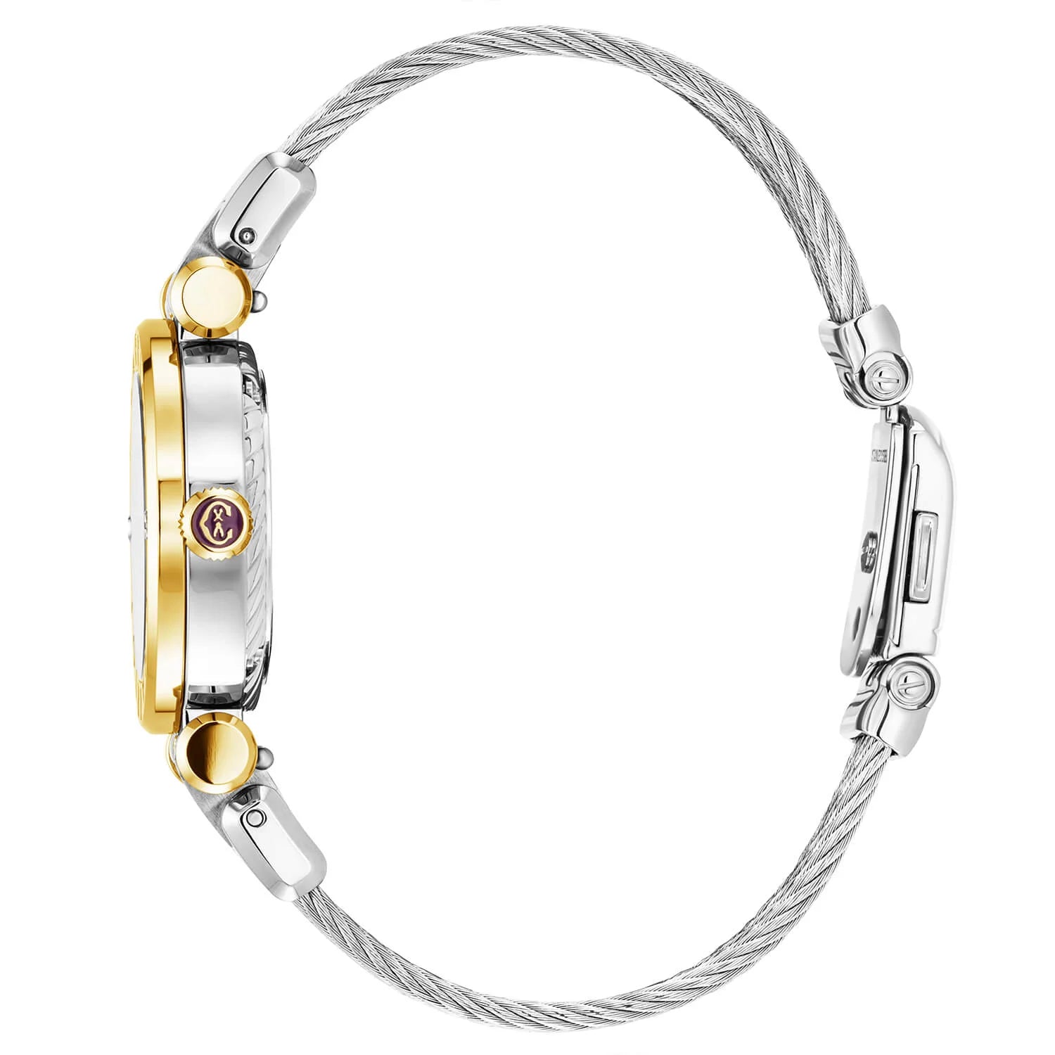 NAVIGATOR CRUISE, 28MM, QUARTZ CALIBRE, WHITE MOTHER-OF-PEARL WITH 12 ROMAN FIGURES DIAL, STEEL YELLOW GOLD PVD "CHARRIOL CHARRIOL" WITH 2 SCREWS BEZEL, STEEL INTERCHANGEABLE CABLE BRACELET WITH 2 YELLOW GOLD PVD ATTACHED - © 2024 Charriol - Watch