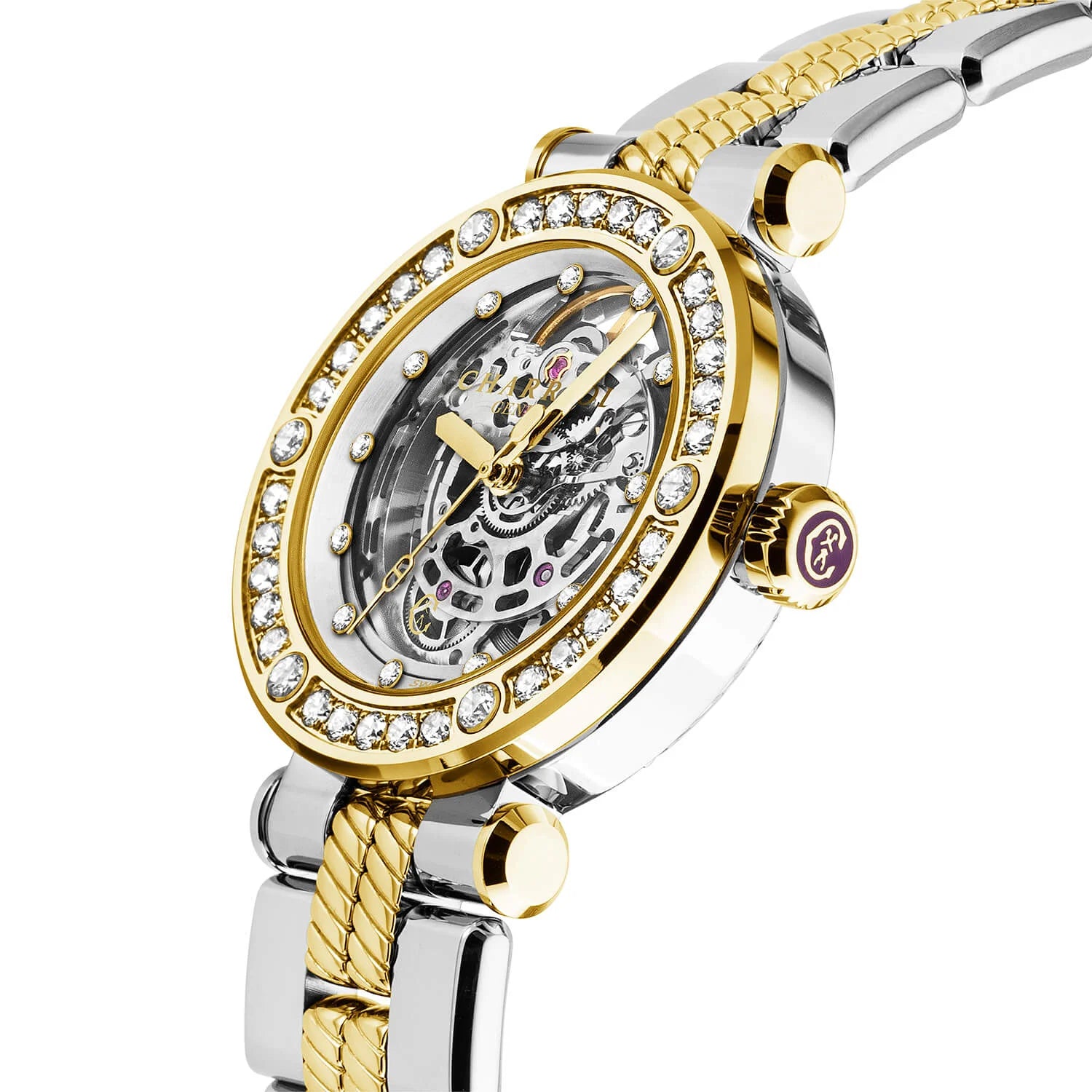 NAVIGATOR CRUISE36MM, CHARRIOL SKELETON CALIBRE AUTOMATIQUE, CRISTAL AVEC CADRAN INDEX DE 12 DIAMANTS, PVD OR JAUNE ACIER AVEC 30 DIAMANTS FULLCUTS & 6 DIAMANTS BEZEL, BRACELET INTERCHANGEABLE BICOLORE METALLIQUE - © 2024 Charriol - Montres