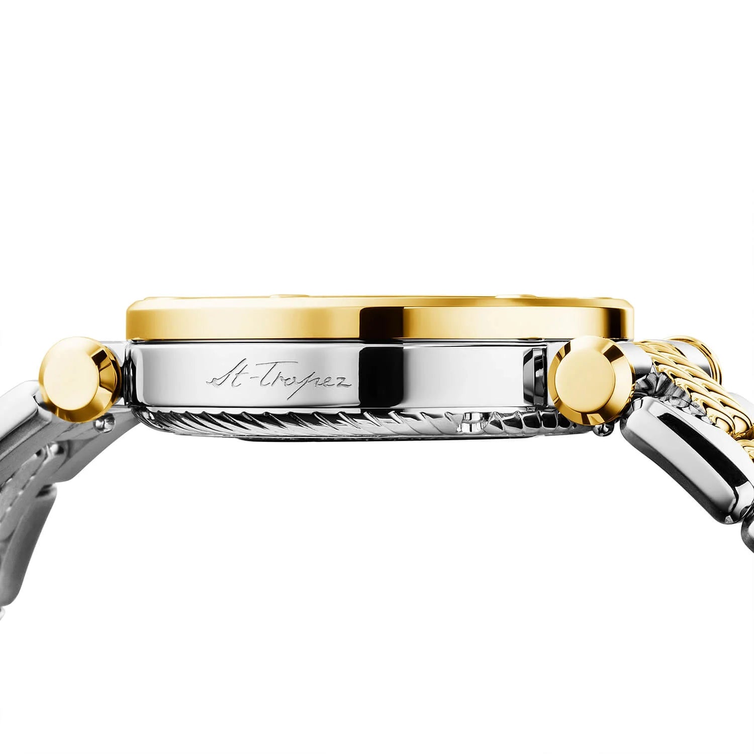 NAVIGATOR CRUISE36MM, CHARRIOL SKELETON CALIBRE AUTOMATIQUE, CRISTAL AVEC CADRAN INDEX DE 12 DIAMANTS, PVD OR JAUNE ACIER AVEC 30 DIAMANTS FULLCUTS & 6 DIAMANTS BEZEL, BRACELET INTERCHANGEABLE BICOLORE METALLIQUE - © 2024 Charriol - Montres