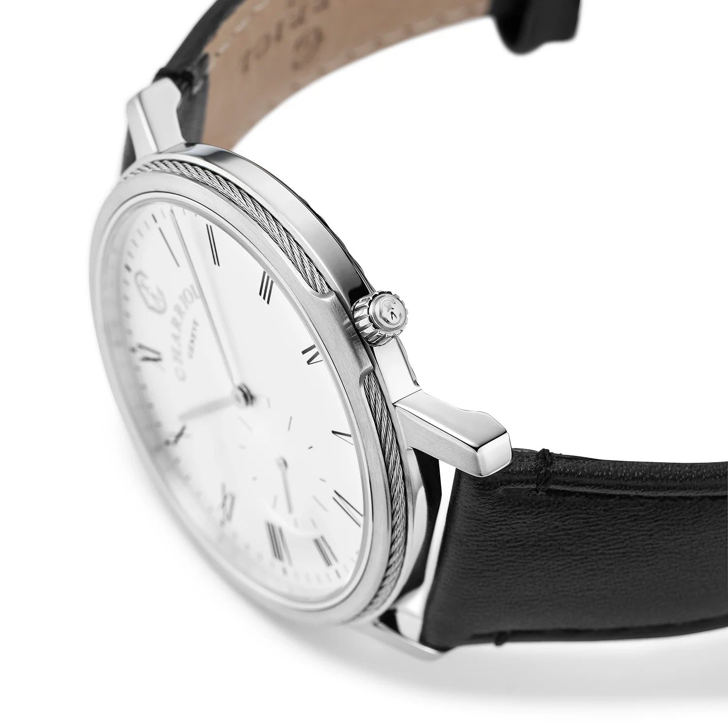 CELTIC® LEGACY, 40MM, QUARTZ CALIBRE, STEEL BEZEL, WHITE WITH ROMAN NUMERALS DIAL, BLACK GENUINE LEATHER BRACELET - BLACK FRIDAY - ©2024 Philippe Charriol International Ltd. - Watch