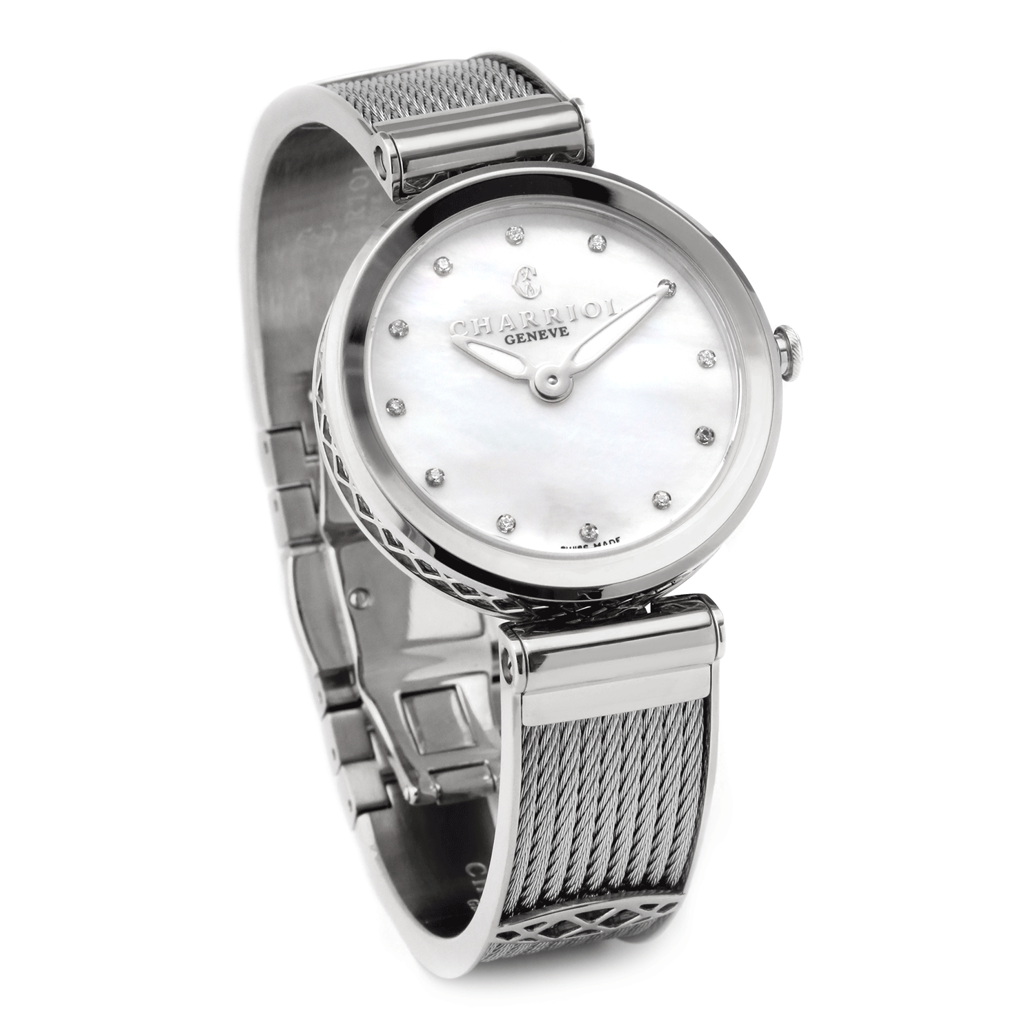 FOREVER32MM, CALIBRE QUARTZ, NACRE BLANCHE AVEC CADRAN 12 SIMILIS, BAGUE ACIER, BRACELET CABLE ACIER - © 2024 Charriol - Montres