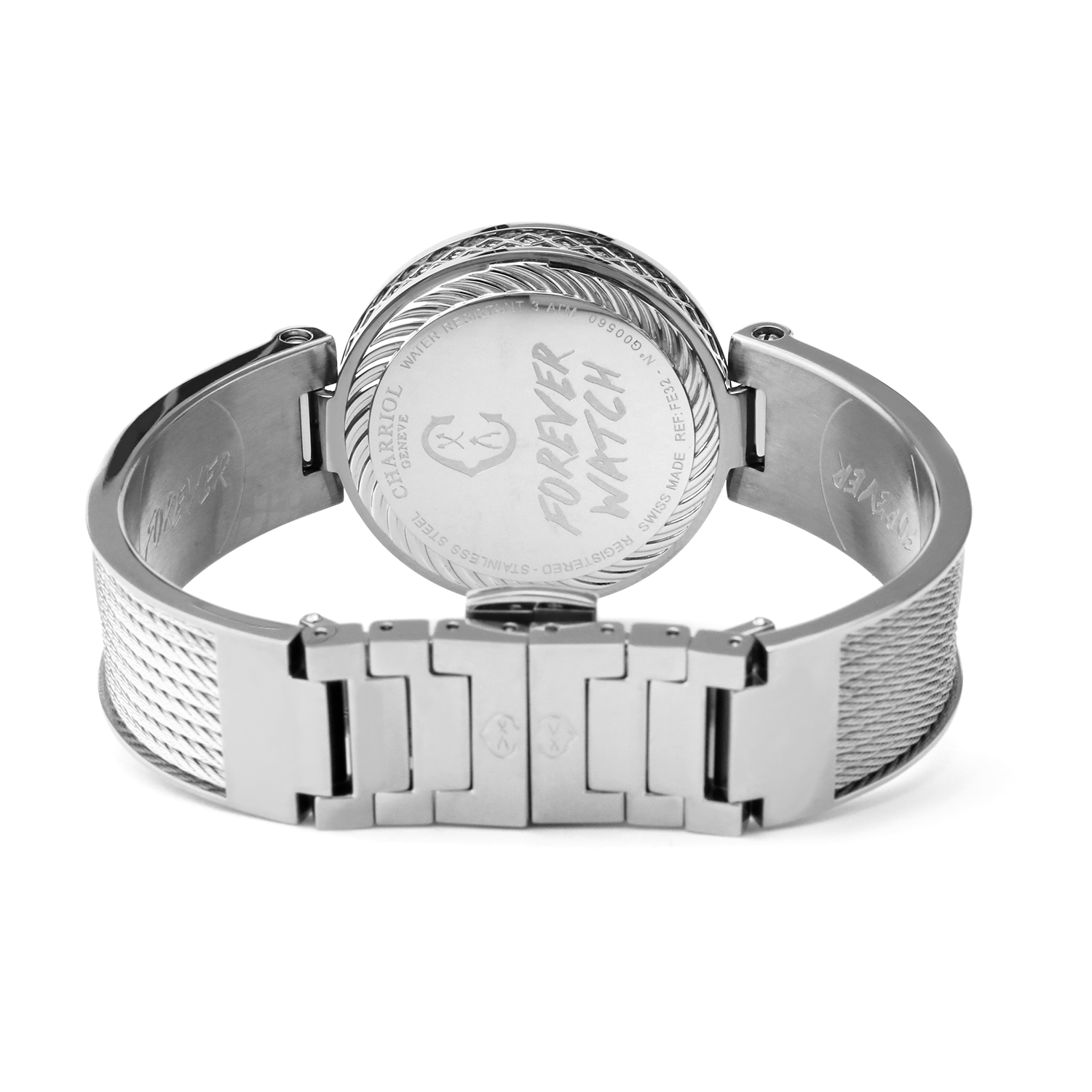 FOREVER32MM, CALIBRE QUARTZ, NACRE BLANCHE AVEC CADRAN 12 SIMILIS, BAGUE ACIER, BRACELET CABLE ACIER - © 2024 Charriol - Montres