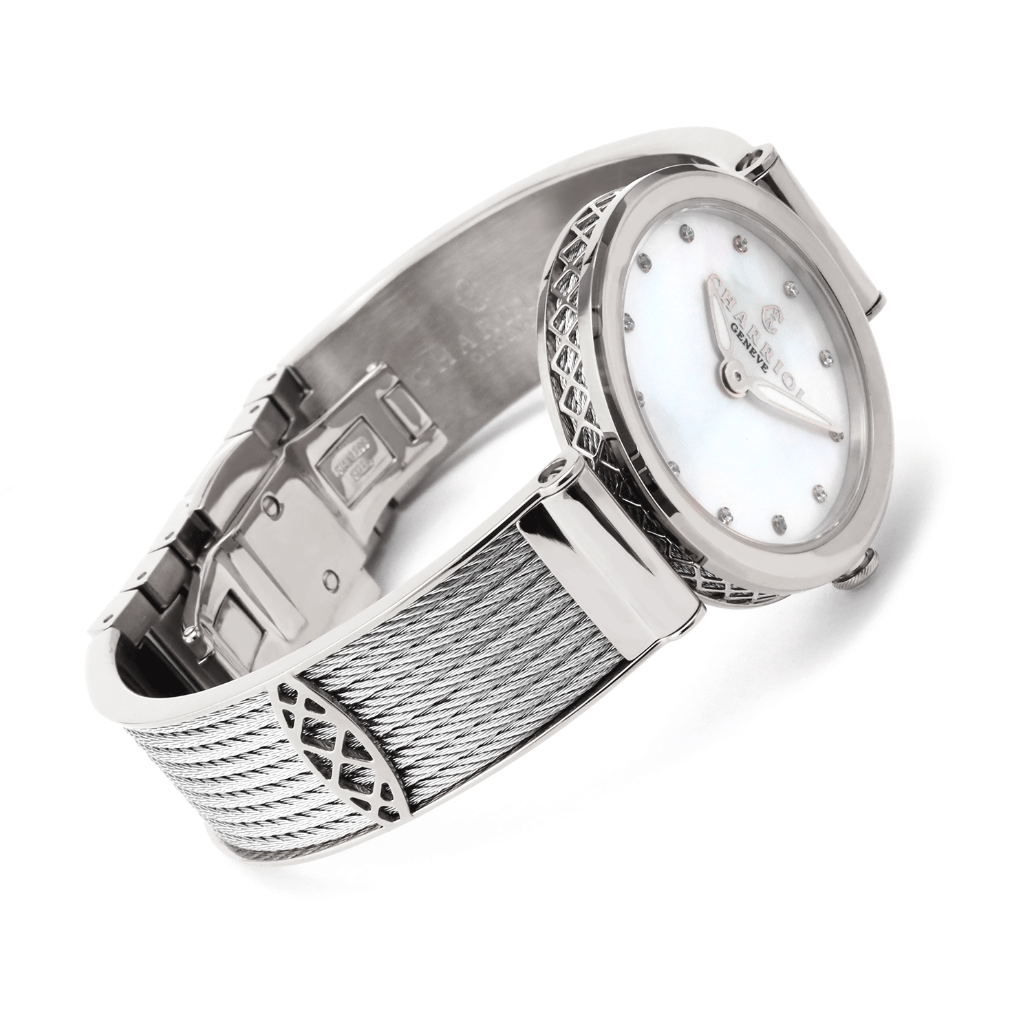 FOREVER32MM, CALIBRE QUARTZ, NACRE BLANCHE AVEC CADRAN 12 SIMILIS, BAGUE ACIER, BRACELET CABLE ACIER - © 2024 Charriol - Montres