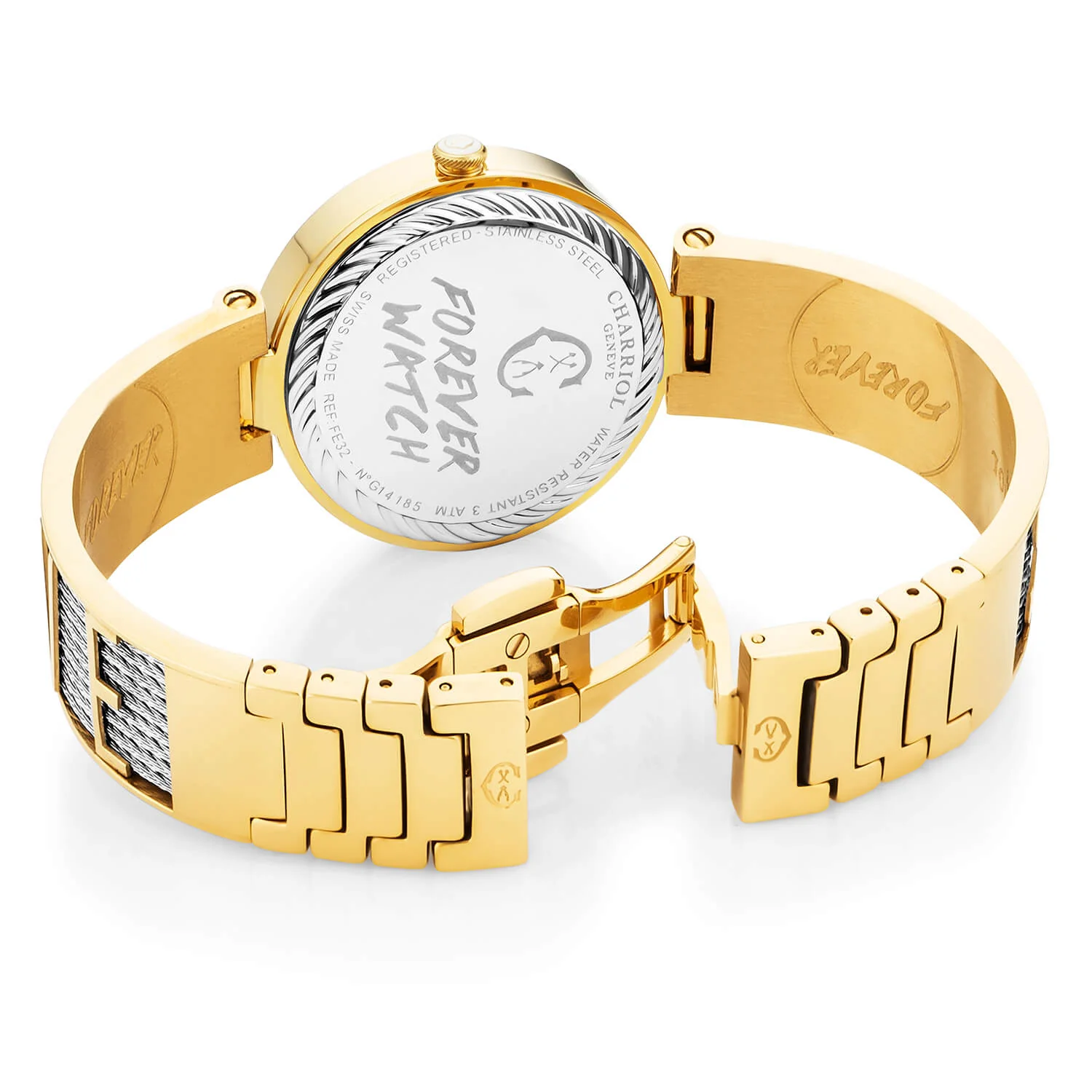FOREVER YOURS, 32MM, CALIBRE QUARTZ, NACRE AVEC CADRAN 12 DIAMANTS, BEZEL PVD OR JAUNE, BRACELET CABLE ACIER - Charriol Geneve - Montres