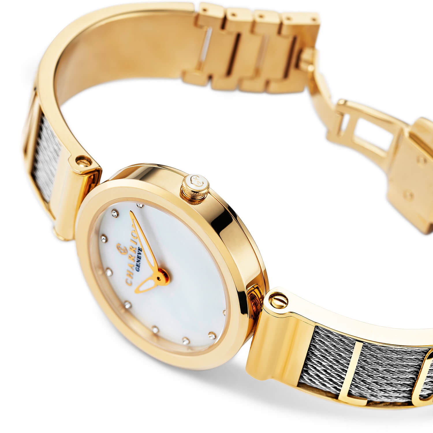FOREVER YOURS, 32MM, CALIBRE QUARTZ, NACRE AVEC CADRAN 12 DIAMANTS, BEZEL PVD OR JAUNE, BRACELET CABLE ACIER - Charriol Geneve - Montres