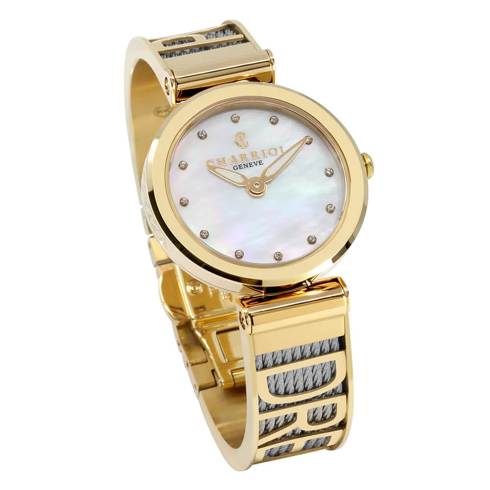 FOREVER YOURS, 32MM, CALIBRE QUARTZ, NACRE AVEC CADRAN 12 DIAMANTS, BEZEL PVD OR JAUNE, BRACELET CABLE ACIER - Charriol Geneve - Montres