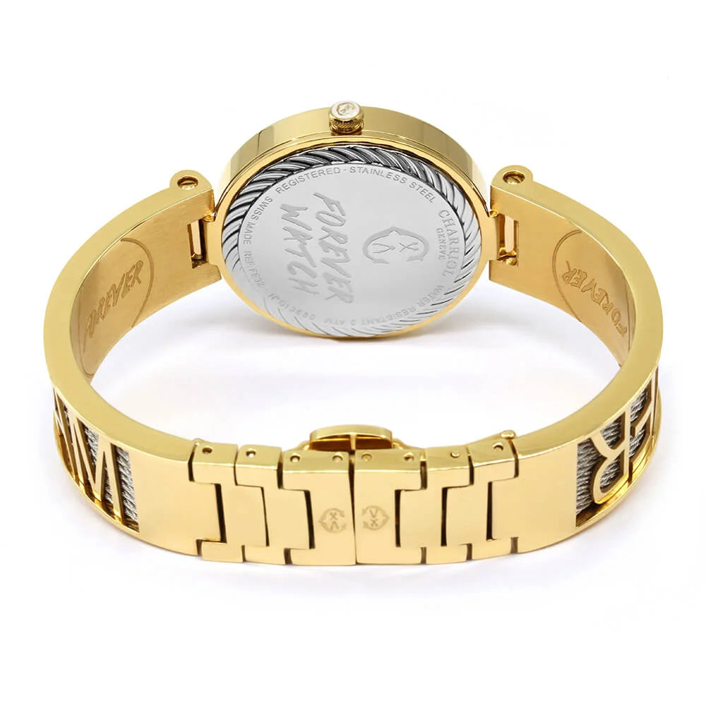 FOREVER YOURS, 32MM, CALIBRE QUARTZ, NACRE AVEC CADRAN 12 DIAMANTS, BEZEL PVD OR JAUNE, BRACELET CABLE ACIER - Charriol Geneve - Montres