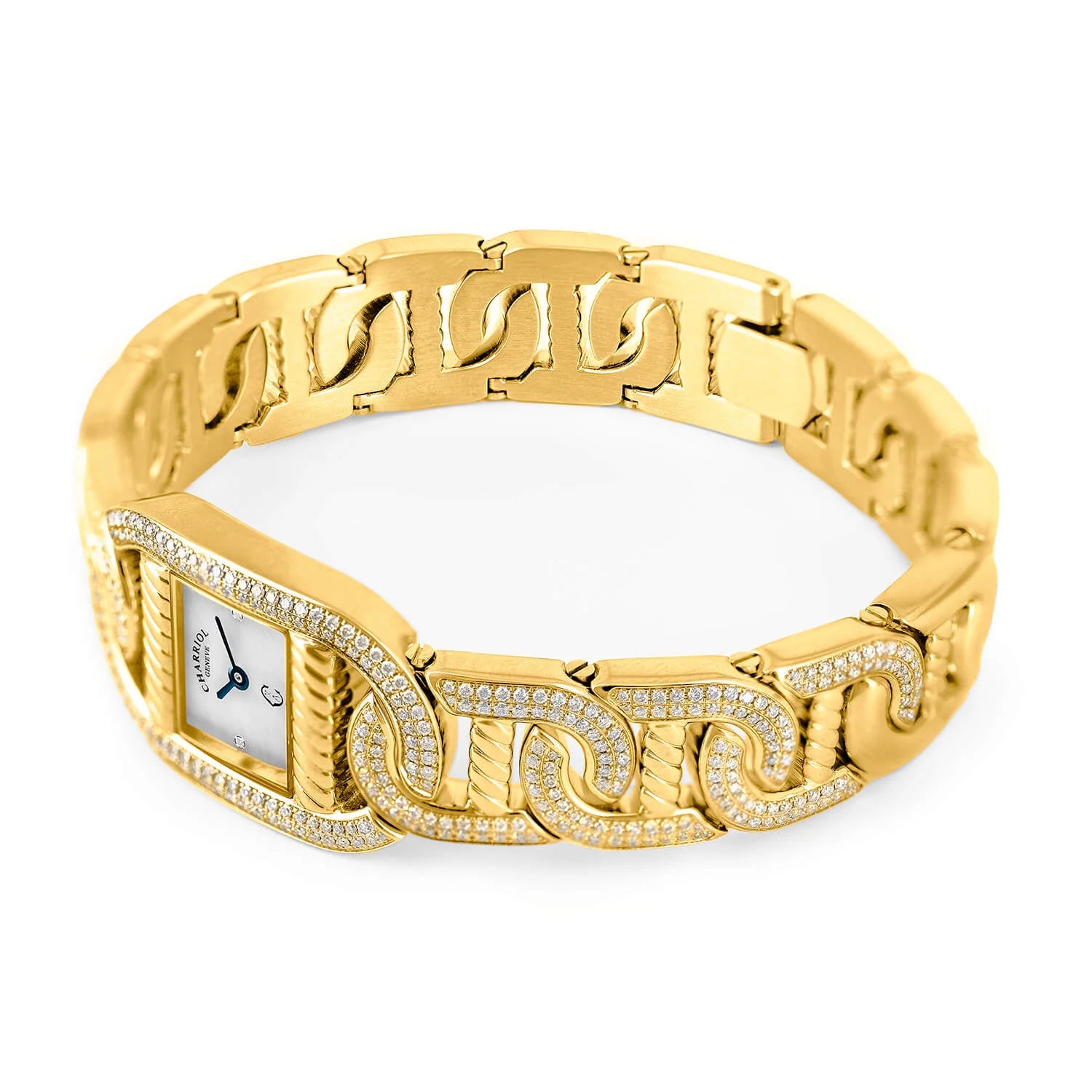 MARINER, 20MM, QUARTZ CALIBRE, YELLOW GOLD PLATED CASE WITH 128 DIAMONDS, 6 YELLOW GOLD PLATED LINKS WITH 336 DIAMONDS, WHITE MOTHER-OF-PEARL WITH 2 DIAMONDS - Charriol - Watch