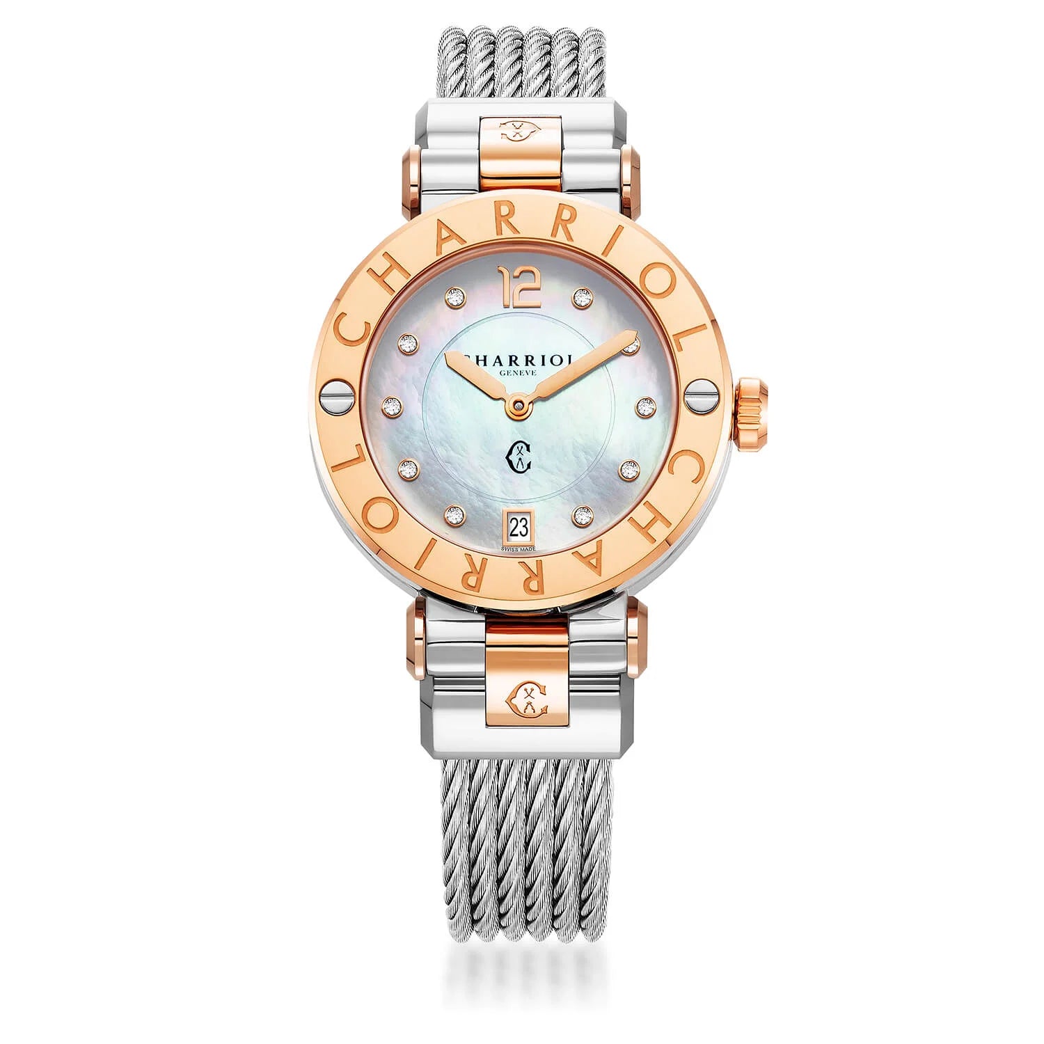 NAVIGATOR CRUISE, 36MM, QUARTZ CALIBRE, WHITE MOTHER-OF-PEARL WITH 10 DIAMONDS DIAL, STEEL ROSE GOLD PVD "CHARRIOL CHARRIOL" WITH 2 SCREWS BEZEL, STEEL INTERCHANGEABLE CABLE BRACELET WITH ROSE GOLD PVD ATTACHED - © 2024 Charriol - Watch