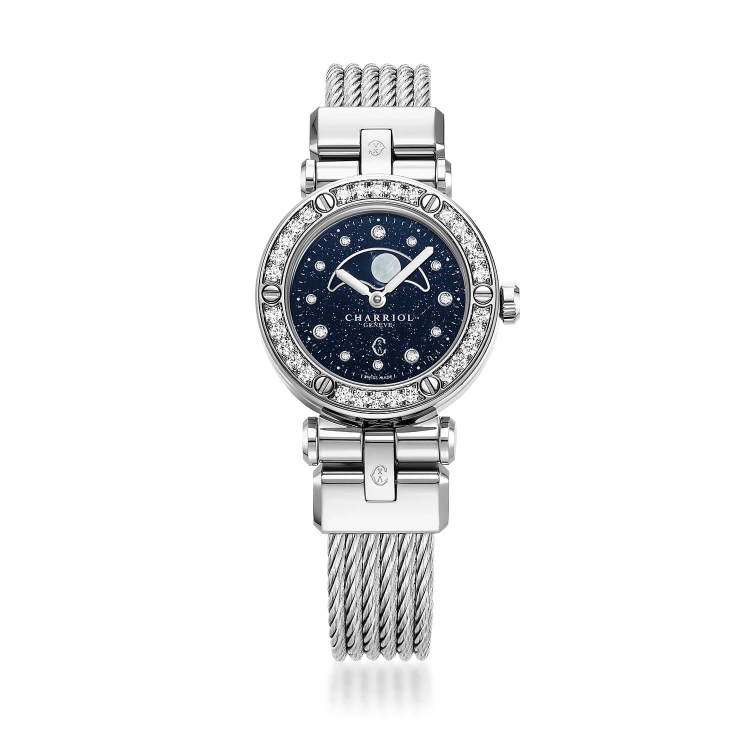 NAVIGATOR CRUISE, 28MM, MOONPHASE QUARTZ CALIBRE, AVENTURINE PRINTED WITH 12 DIAMONDS DIAL, STEEL WITH 30 DIAMONDS BEZEL, STEEL INTERCHANGEABLE CABLE BRACELET - © 2024 Charriol - Watch