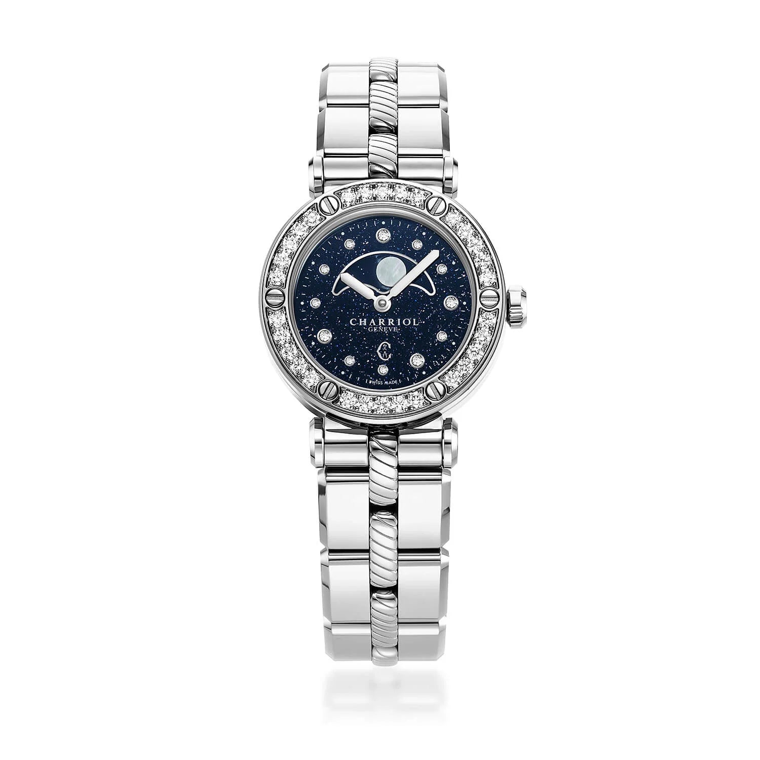 NAVIGATOR CRUISE, 28MM, MOONPHASE QUARTZ CALIBRE, AVENTURINE PRINTED WITH 12 DIAMONDS DIAL, STEEL WITH 30 DIAMONDS WITH 6 SCREWS BEZEL, METAL INTERCHANGEABLE BRACELET - © 2024 Charriol - Watch