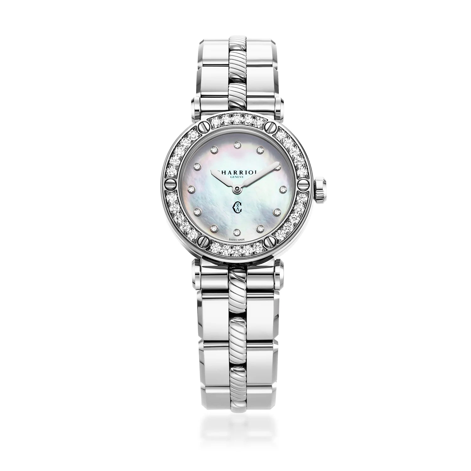 NAVIGATOR CRUISE28MM, NACRE AVEC CADRAN DE 12 DIAMANTS, ZONE DE 30 DIAMANTS, BRACELET INTERCHANGEABLE EN ACIER - Charriol Geneve - Montres