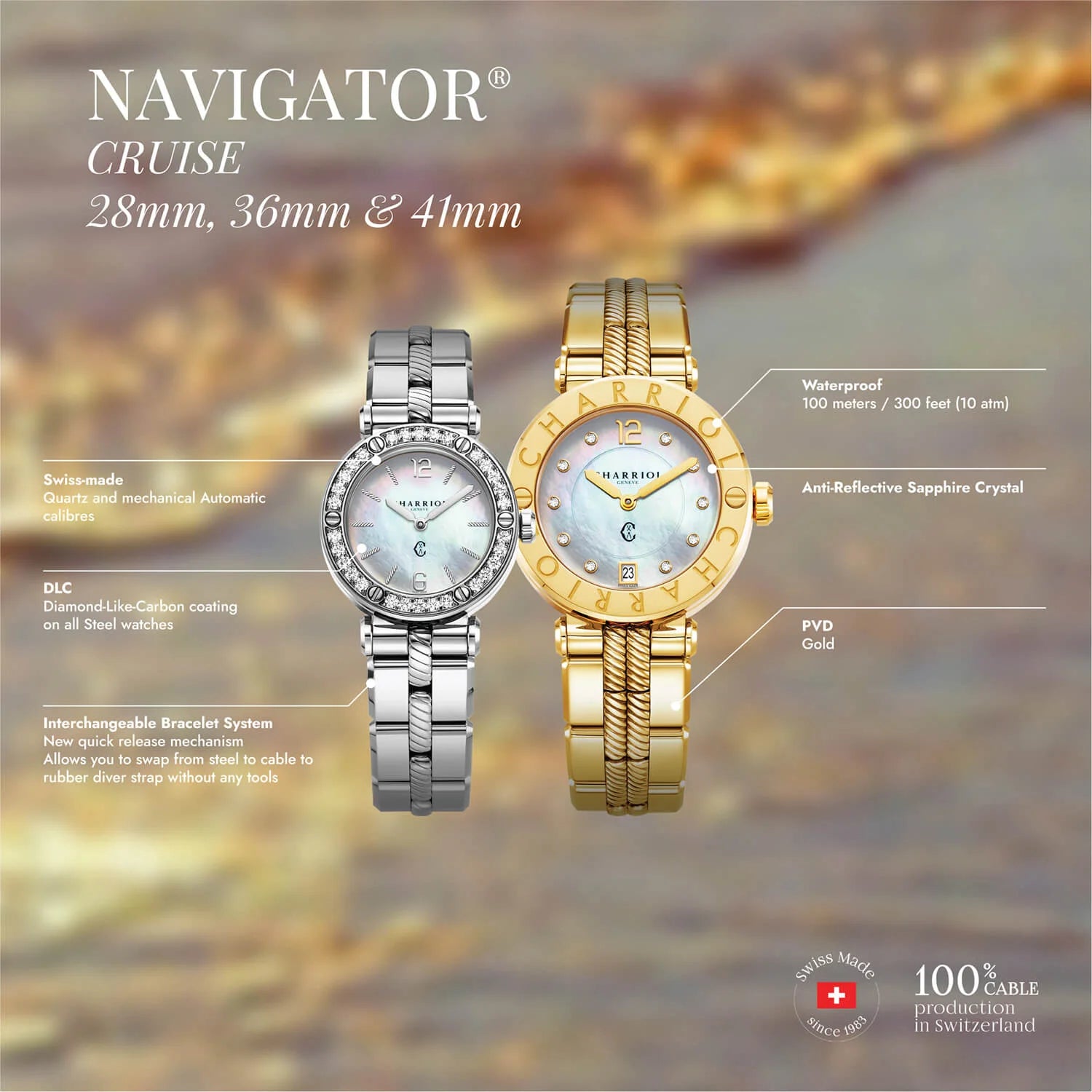 NAVIGATOR CRUISE28MM, NACRE AVEC CADRAN DE 12 DIAMANTS, ZONE DE 30 DIAMANTS, BRACELET INTERCHANGEABLE EN ACIER - Charriol Geneve - Montres