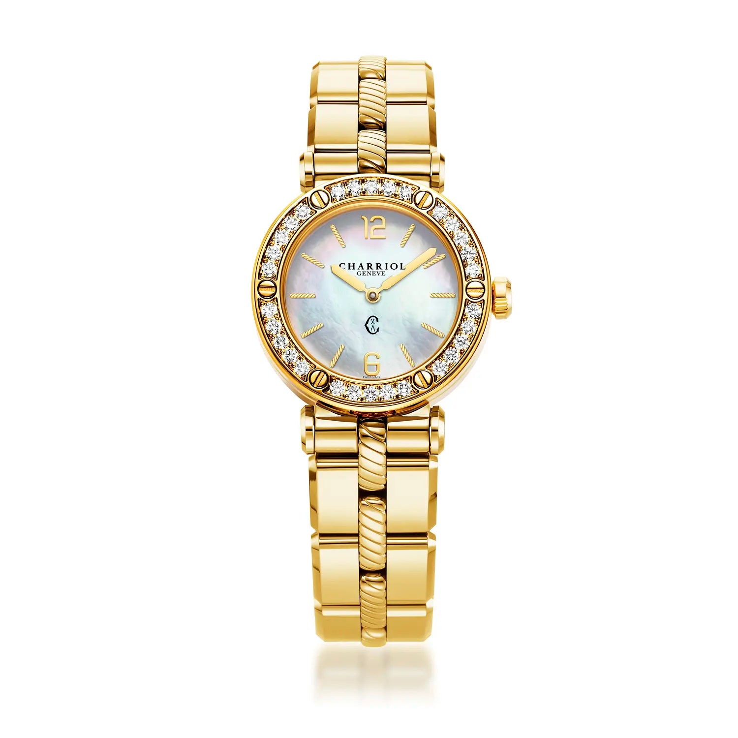 NAVIGATOR CRUISEBracelet interchangeable, 28MM, CALIBRE QUARTZ, CADRAN NACRE, 30 DIAMANTS, BRACELET INTERCHANGEABLE ACIER OR JAUNE PVD - Charriol Geneve - Montres
