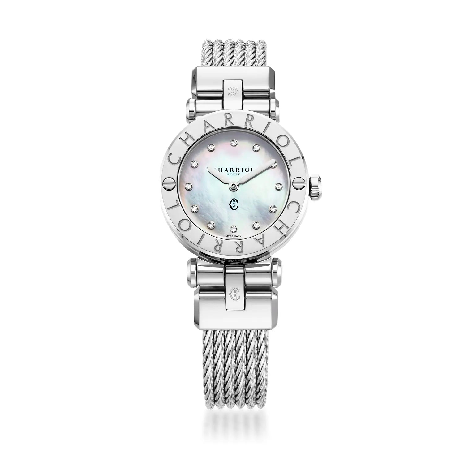 NAVIGATOR CRUISE28MM, CALIBRE QUARTZ, NACRE AVEC CADRAN DE 12 DIAMANTS, BEZEL "CHARRIOL CHARRIOL ", BRACELET INTERCHANGEABLE CABLE ACIER - Charriol Geneve - Montres