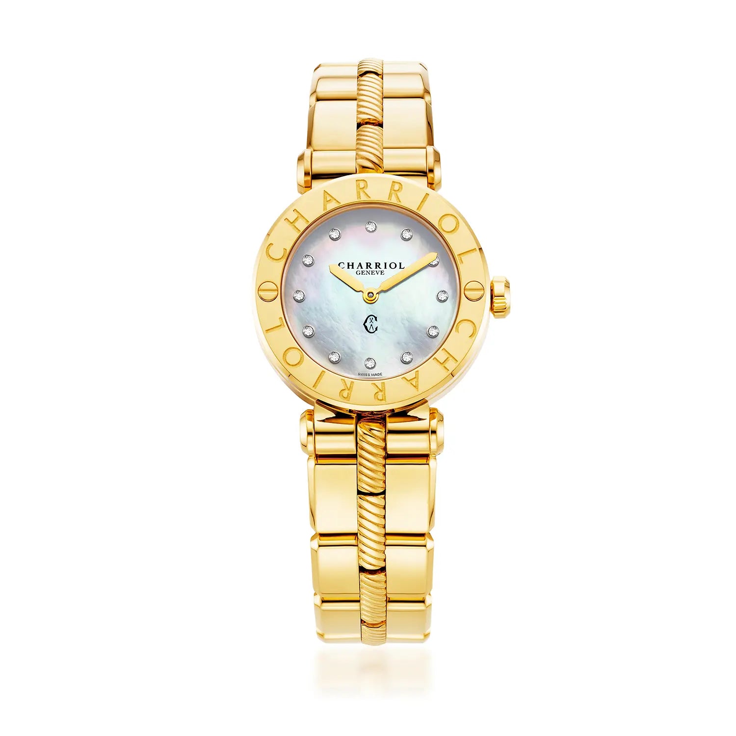 NAVIGATOR CRUISE, 28MM, QUARTZ CALIBRE, MOTHER-OF-PEARL WITH 12 DIAMONDS DIAL, "CHARRIOL CHARRIOL" BEZEL, STEEL YELLOW GOLD PVD INTERCHANGEABLE BRACELET - Charriol Geneve - Watch