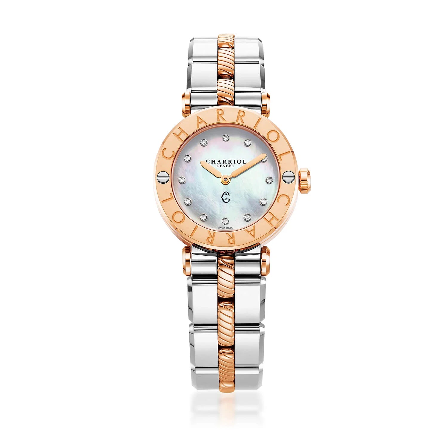 NAVIGATOR CRUISE, 28MM, QUARTZ CALIBRE, WHITE MOTHER OF PEARL WITH 12 DIAMONDS DIAL, STEEL ROSE GOLD PVD "CHARRIOL CHARRIOL" WITH 2 SCREWS BEZEL, METAL BICOLOR INTERCHANGEABLE BRACELET - © 2024 Charriol - Watch
