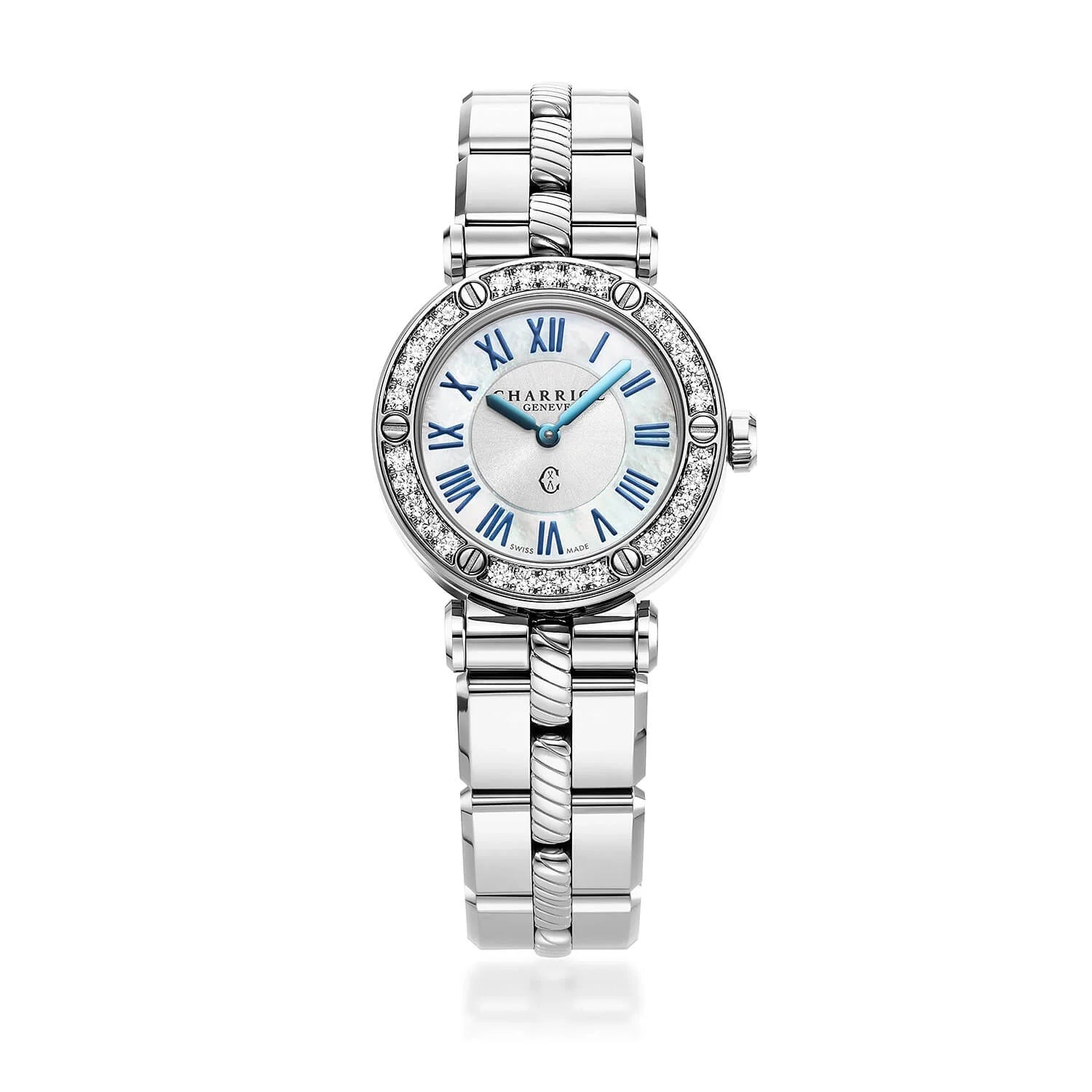 NAVIGATOR CRUISE, 28MM, QUARTZ CALIBRE, WHITE MOTHER-OF-PEARL WITH 12 ROMAN FIGURES DIAL, STEEL WITH 30 DIAMONDS AND 6 SCREWS BEZEL, METAL INTERCHANGEABLE BRACELET - © 2024 Charriol - Watch