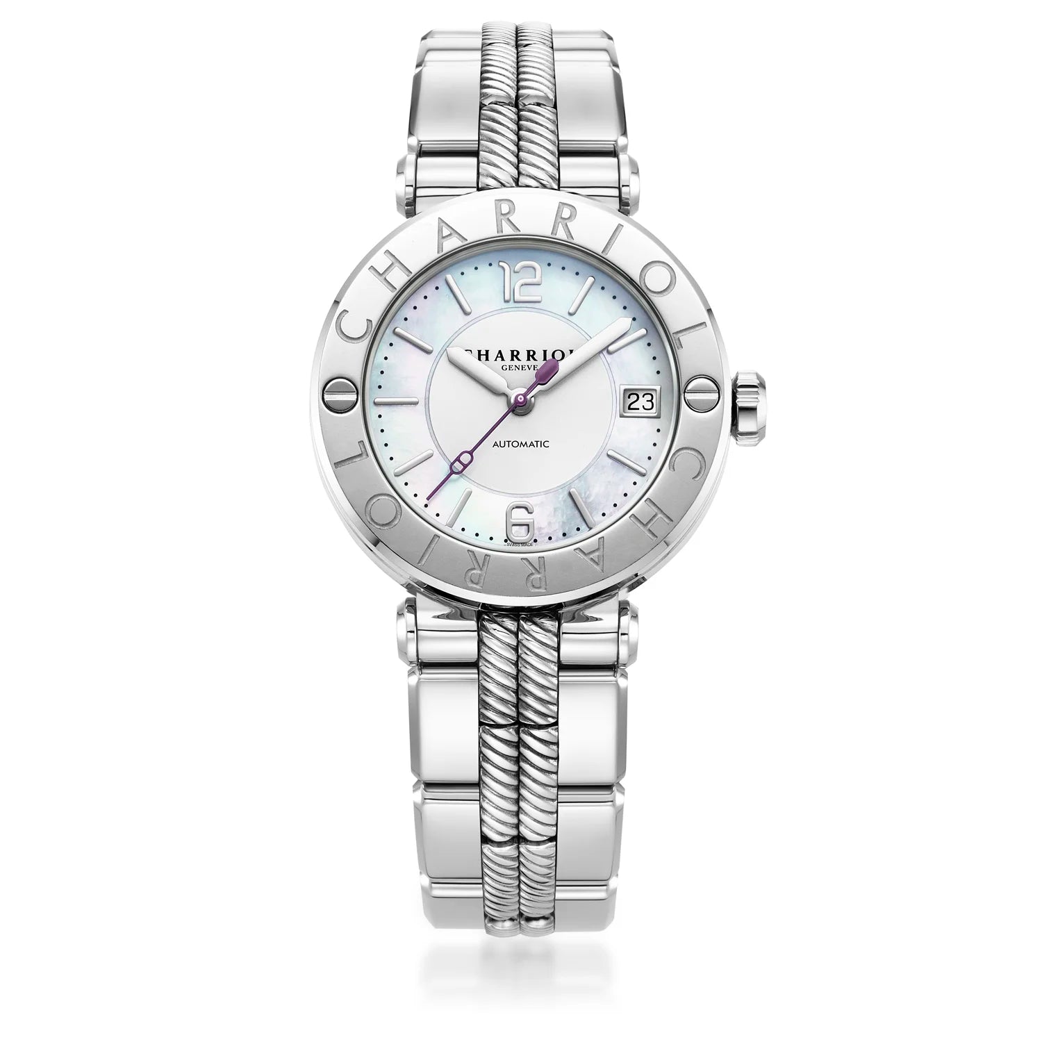 St Tropez Cruise Montre automatique 36mm Bracelet gris clair, lunette gris clair & 2 vis et cadran MOP blanc - Charriol Geneve - Montre