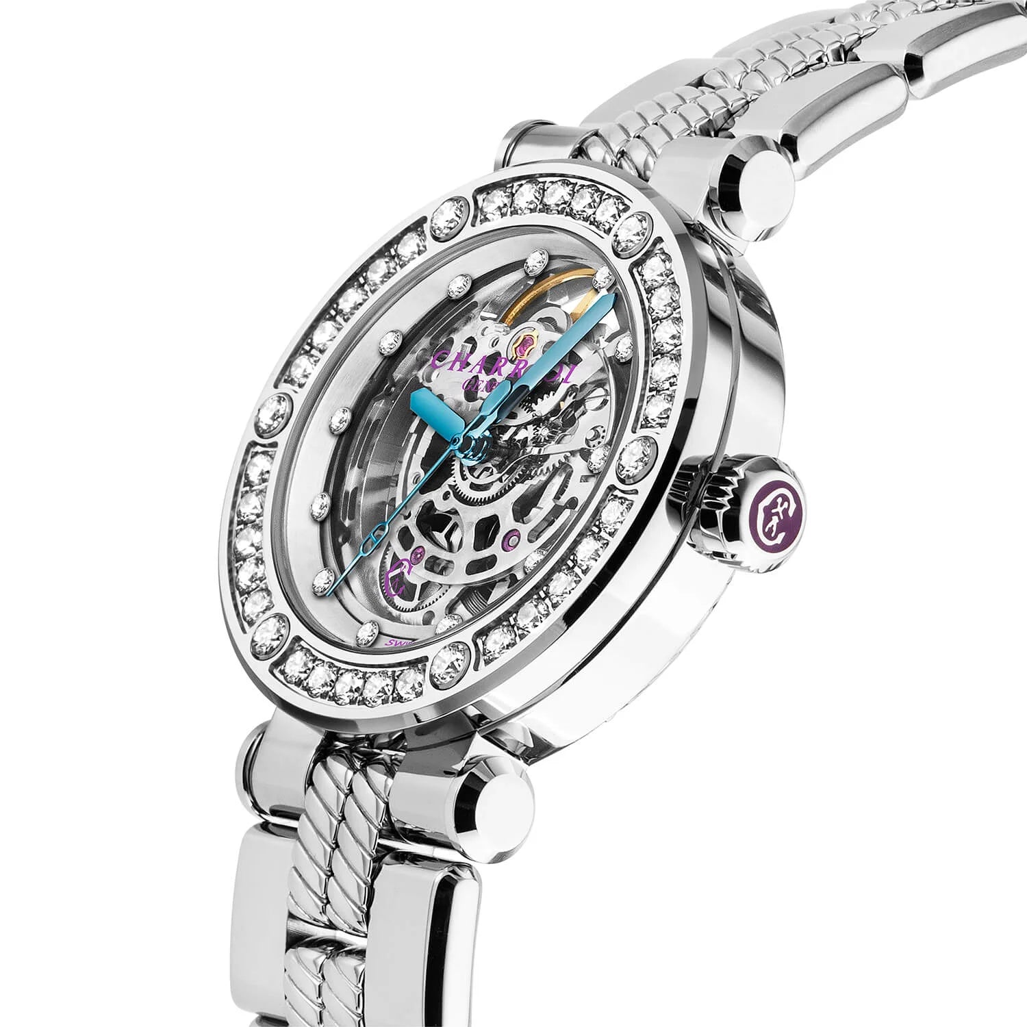 NAVIGATOR CRUISE36MM, CHARRIOL SKELETON CALIBRE AUTOMATIQUE, CRISTAL AVEC CADRAN INDEX DE 12 DIAMANTS, ACIER AVEC 30 DIAMANTS FULLCUTS & 6 DIAMANTS, BRACELET INTERCHANGEABLE EN MÉTAL - © 2024 Charriol - Montres