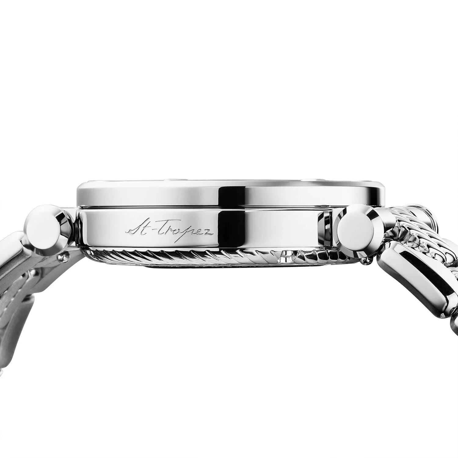 NAVIGATOR CRUISE36MM, CHARRIOL SKELETON CALIBRE AUTOMATIQUE, CRISTAL AVEC CADRAN INDEX DE 12 DIAMANTS, ACIER AVEC 30 DIAMANTS FULLCUTS & 6 DIAMANTS, BRACELET INTERCHANGEABLE EN MÉTAL - © 2024 Charriol - Montres