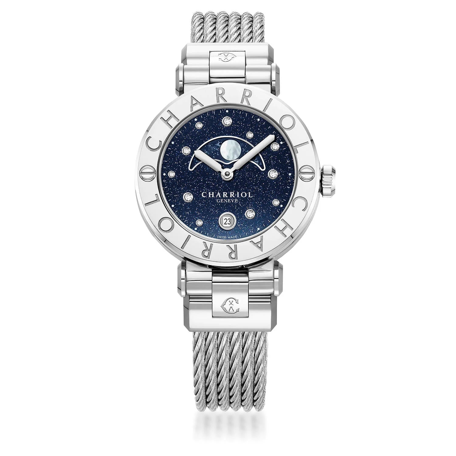NAVIGATOR CRUISE, 36MM, MOONPHASE QUARTZ CALIBRE, AVENTURINE PRINTED WITH 11 DIAMONDS DIAL, STEEL "CHARRIOL CHARRIOL" WITH 2 SCREWS BEZEL, STEEL INTERCHANGEABLE CABLE BRACELET - © 2024 Charriol - Watch