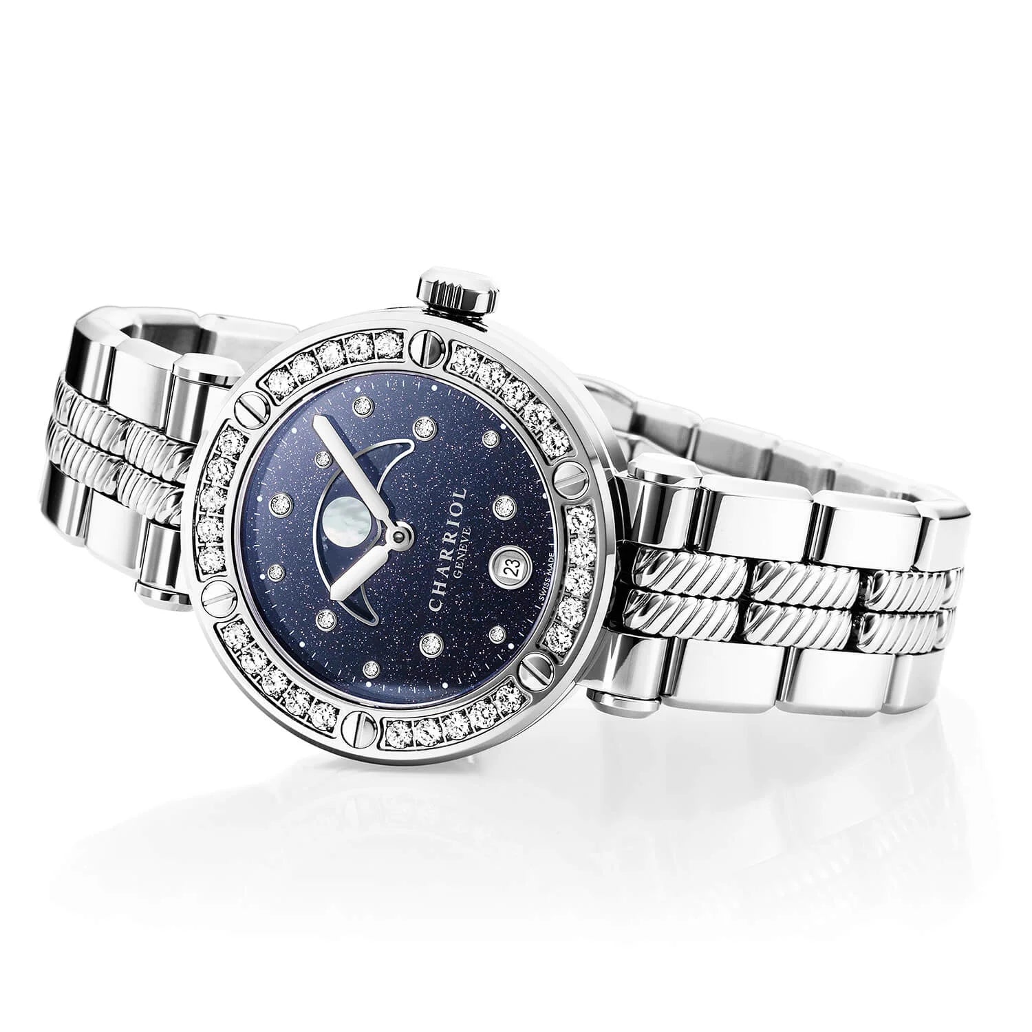 NAVIGATOR CRUISE, 36MM, MOONPHASE QUARTZ CALIBRE, AVENTURINE PRINTED WITH 11 DIAMONDS DIAL, STEEL WITH 30 DIAMONDS AND 6 SCREWS BEZEL, METAL INTERCHANGEABLE BRACELET - © 2024 Charriol - Watch