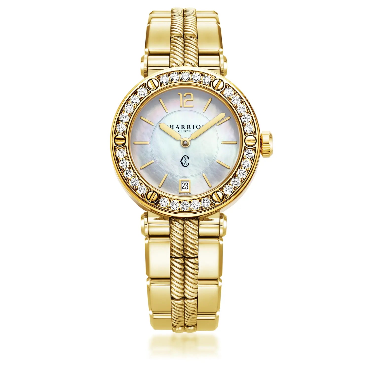 NAVIGATOR CRUISEBracelet interchangeable en acier et or jaune PVD, 36 mm, calibre quartz, cadran en nacre, 30 diamants - Charriol Geneve - Montres