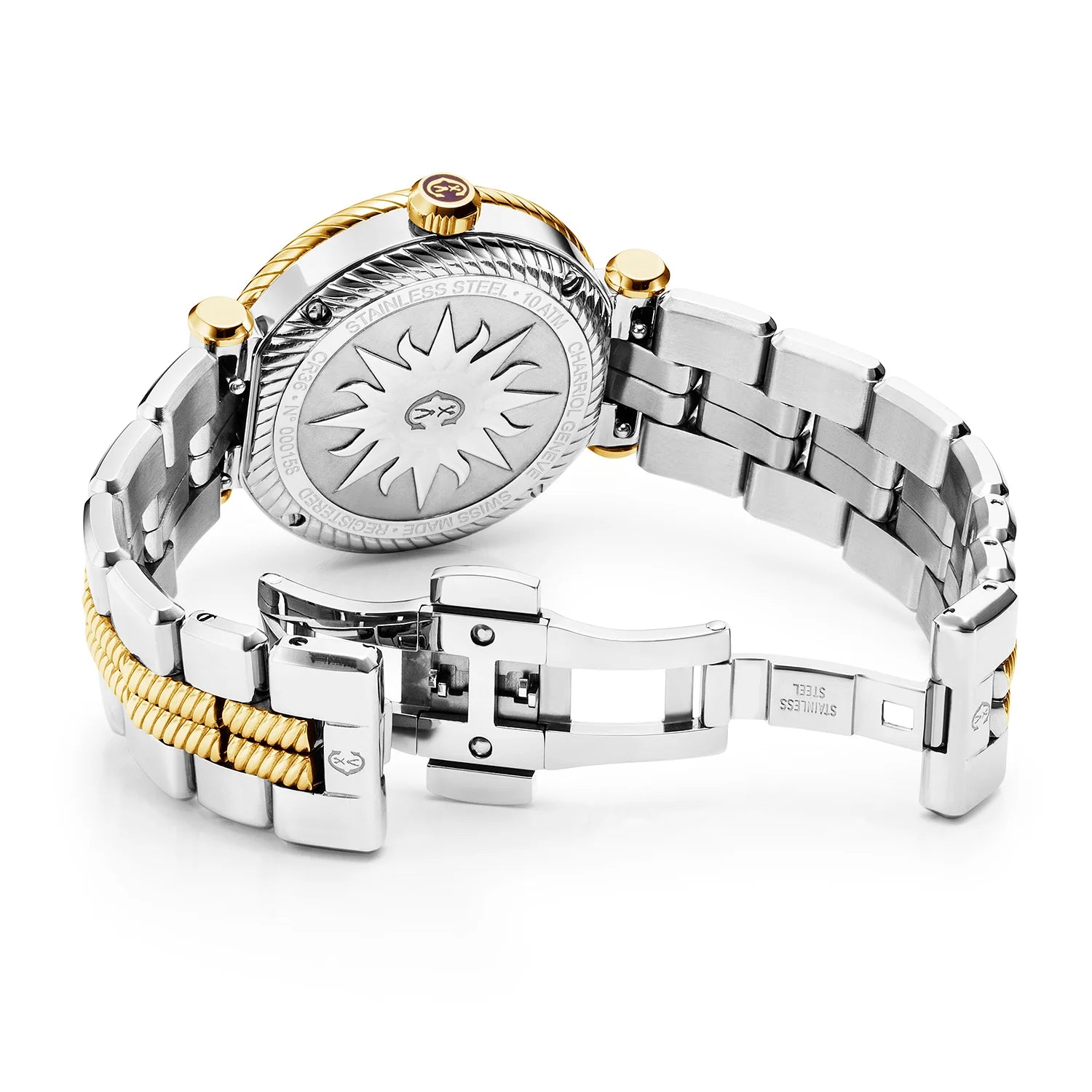St Tropez Cruise Montre 36mm Bracelet gris clair et or jaune, lunette or jaune et 2 vis et cadran MOP blanc - Charriol Geneve - Montre