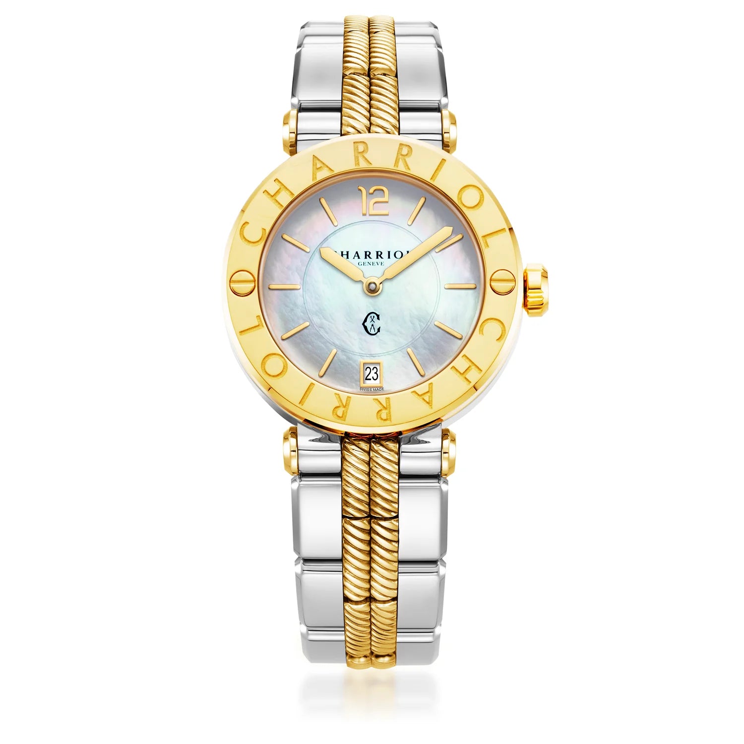 St Tropez Cruise Montre 36mm Bracelet gris clair et or jaune, lunette or jaune et 2 vis et cadran MOP blanc - Charriol Geneve - Montre