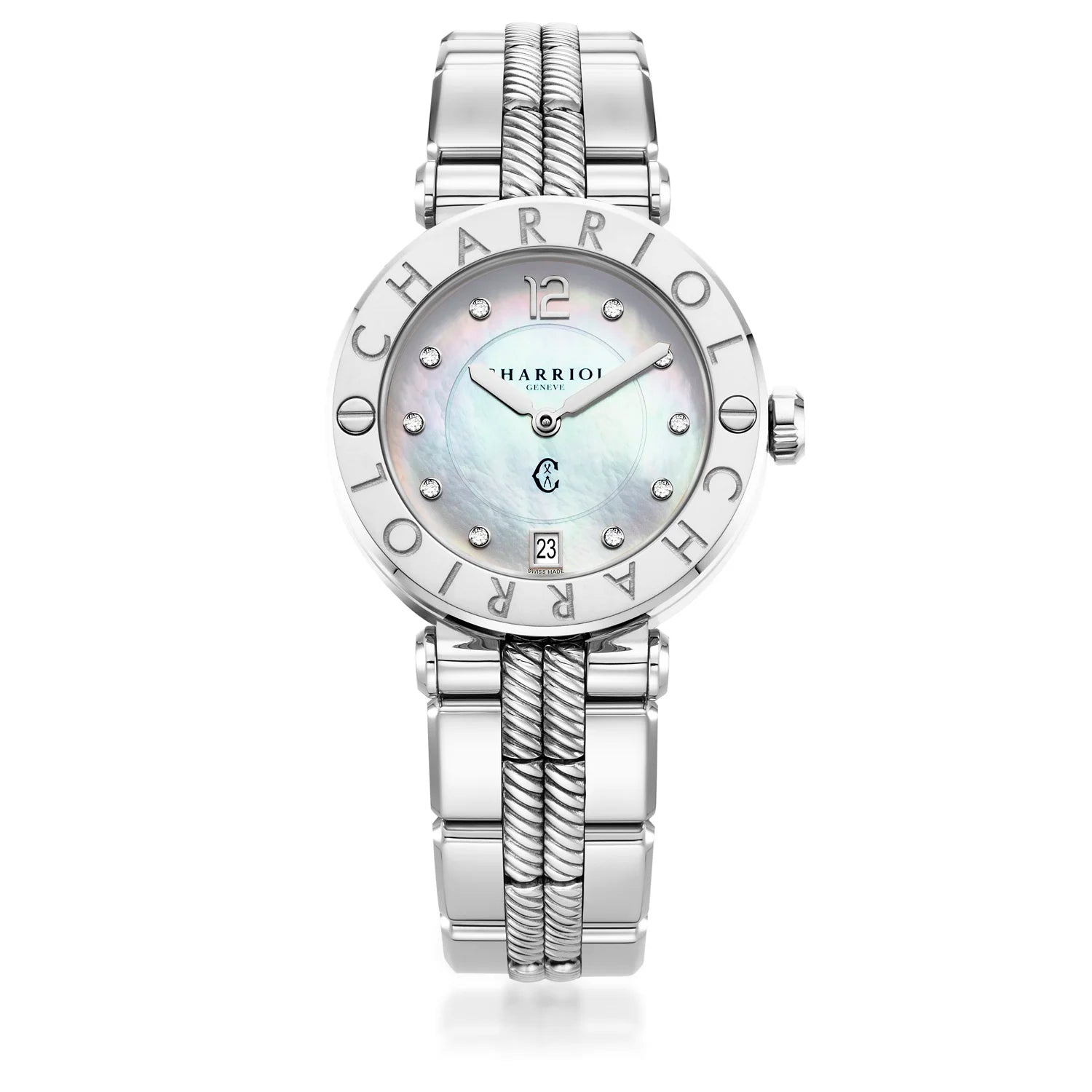 NAVIGATOR CRUISE36MM, CALIBRE QUARTZ, CADRAN EN NACRE AVEC 10 DIAMANTS, "CHARRIOL CHARRIOL " BEZEL, BRACELET INCHANGEABLE EN ACIER - Charriol Geneve - Montres