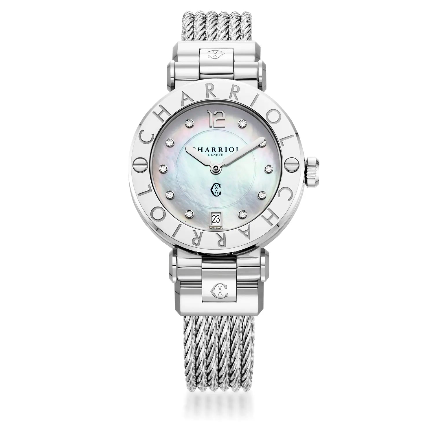 NAVIGATOR CRUISE36MM, CALIBRE QUARTZ, NACRE AVEC DIAMANT 10, BEZEL "CHARRIOL CHARRIOL ", BRACELET INTERCHANGEABLE CABLE ACIER - Charriol Geneve - Montres