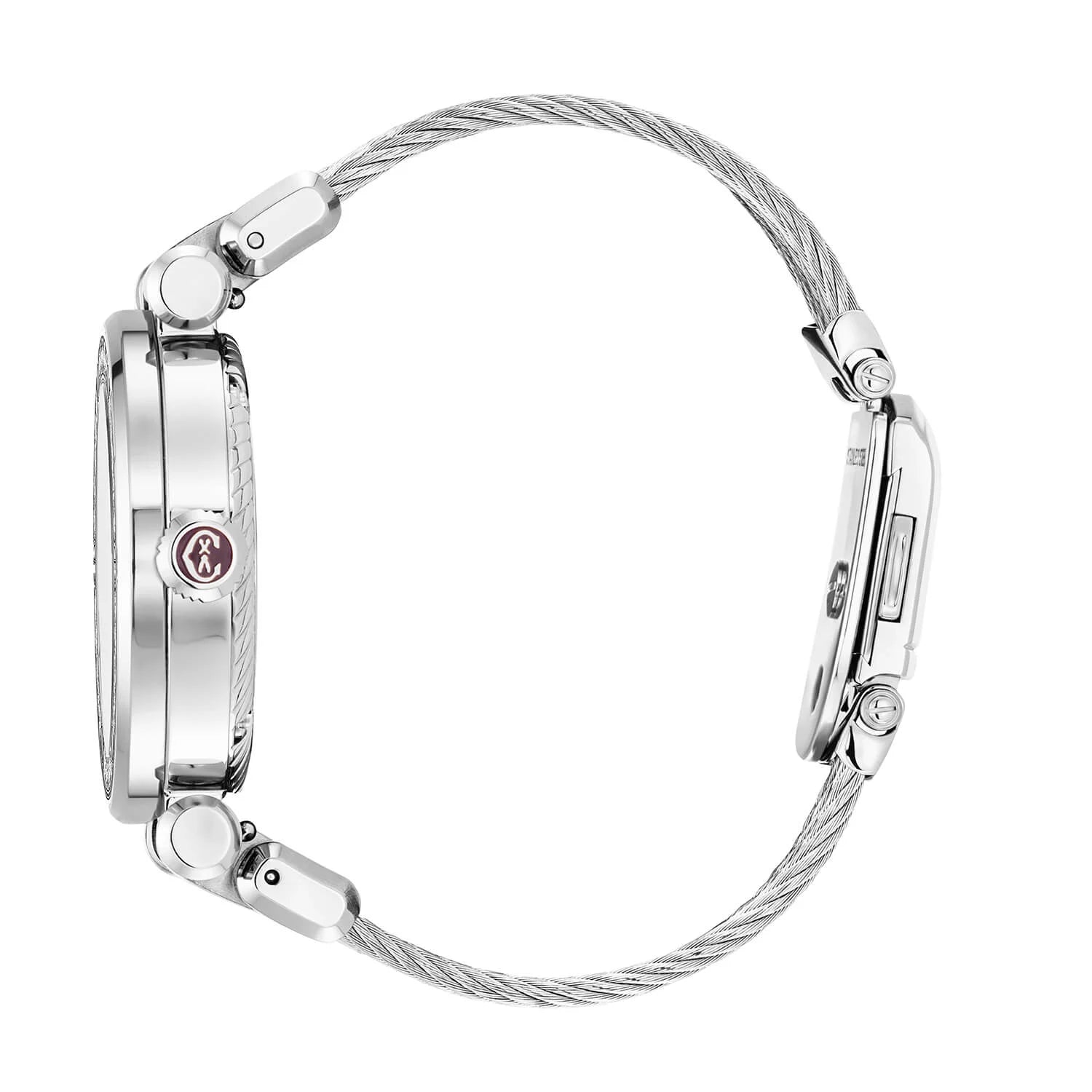 NAVIGATOR CRUISE, 36MM, QUARTZ CALIBRE, WHITE MOTHER-OF-PEARL AND MATT WHITE SUN CENTER WITH 12 ROMAN FIGURES DIAL, STEEL WITH 30 DIAMONDS BEZEL, STEEL INTERCHANGEABLE CABLE BRACELET - © 2024 Charriol - Watch