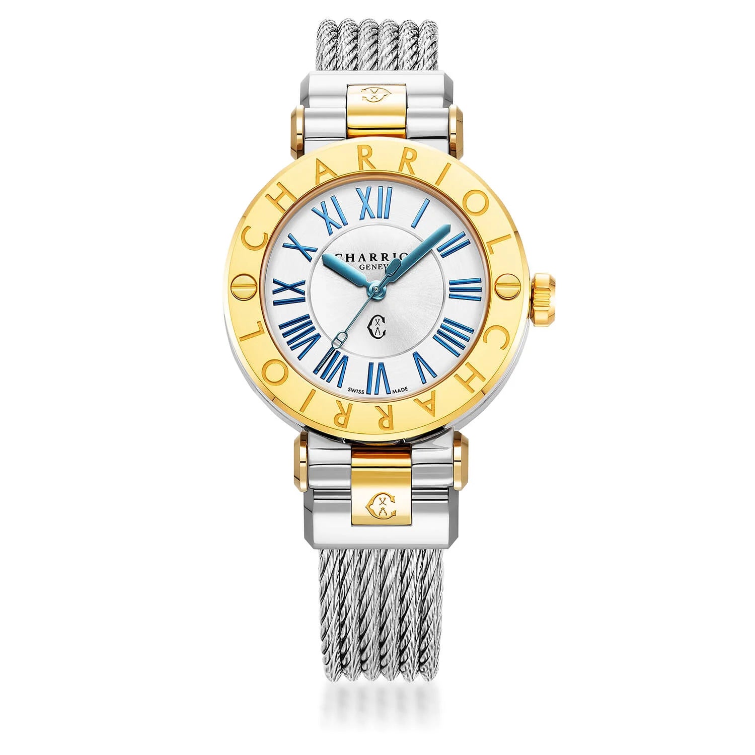 NAVIGATOR CRUISE, 36MM, QUARTZ CALIBRE, WHITE MOTHER-OF-PEARL WITH 12 ROMAN FIGURES DIAL, STEEL YELLOW GOLD PVD "CHARRIOL CHARRIOL" WITH 2 SCREWS, STEEL INTERCHANGEABLE CABLE BRACELET - © 2024 Charriol - Watch