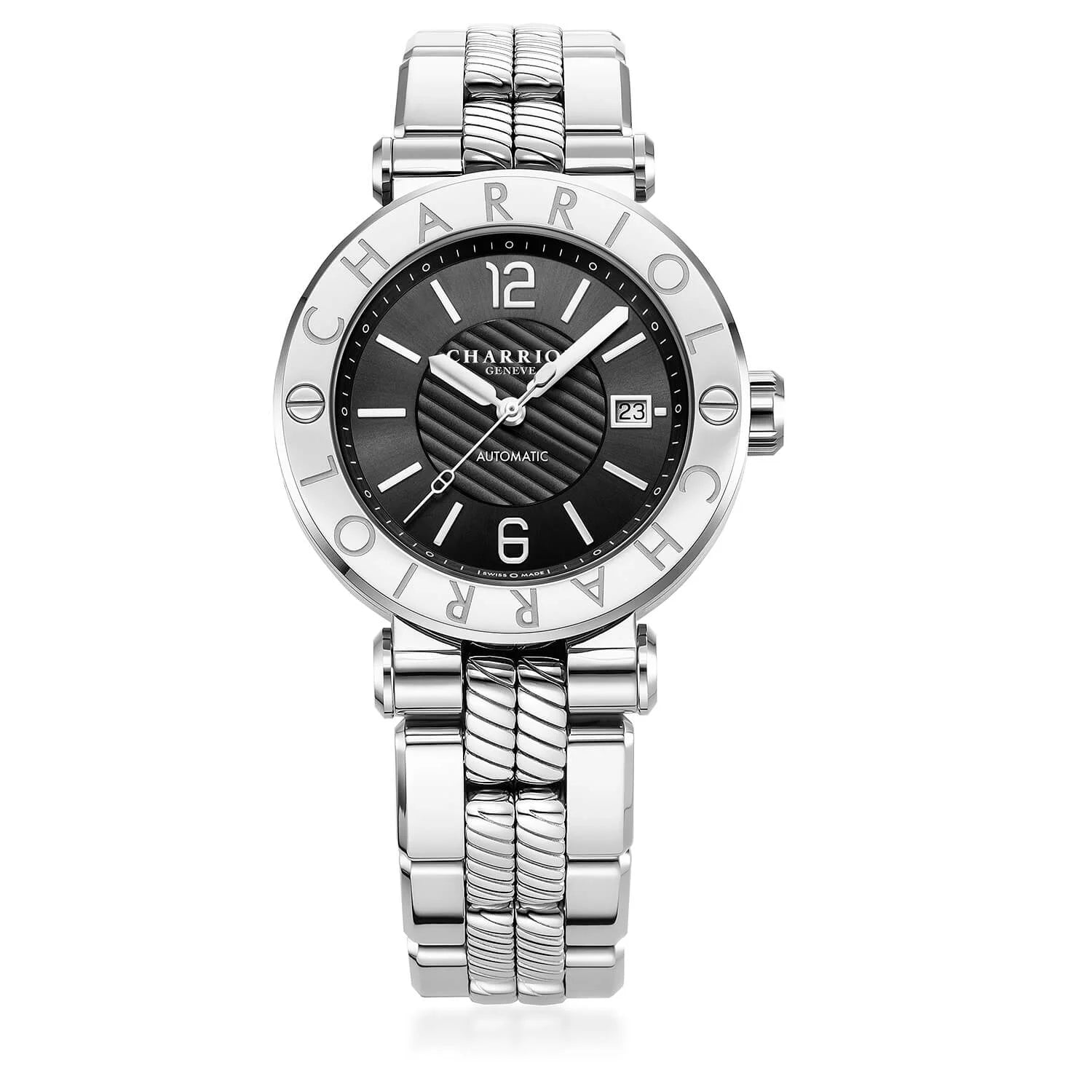 NAVIGATOR CRUISE, 41MM, AUTOMATIC CALIBRE, BLACK CIRCULAR AND EMBOSSED CENTER DIAL, STEEL "CHARRIOL CHARRIOL" WITH 2 SCREWS BEZEL, METAL INTERCHANGEABLE BRACELET - © 2024 Charriol - Watch