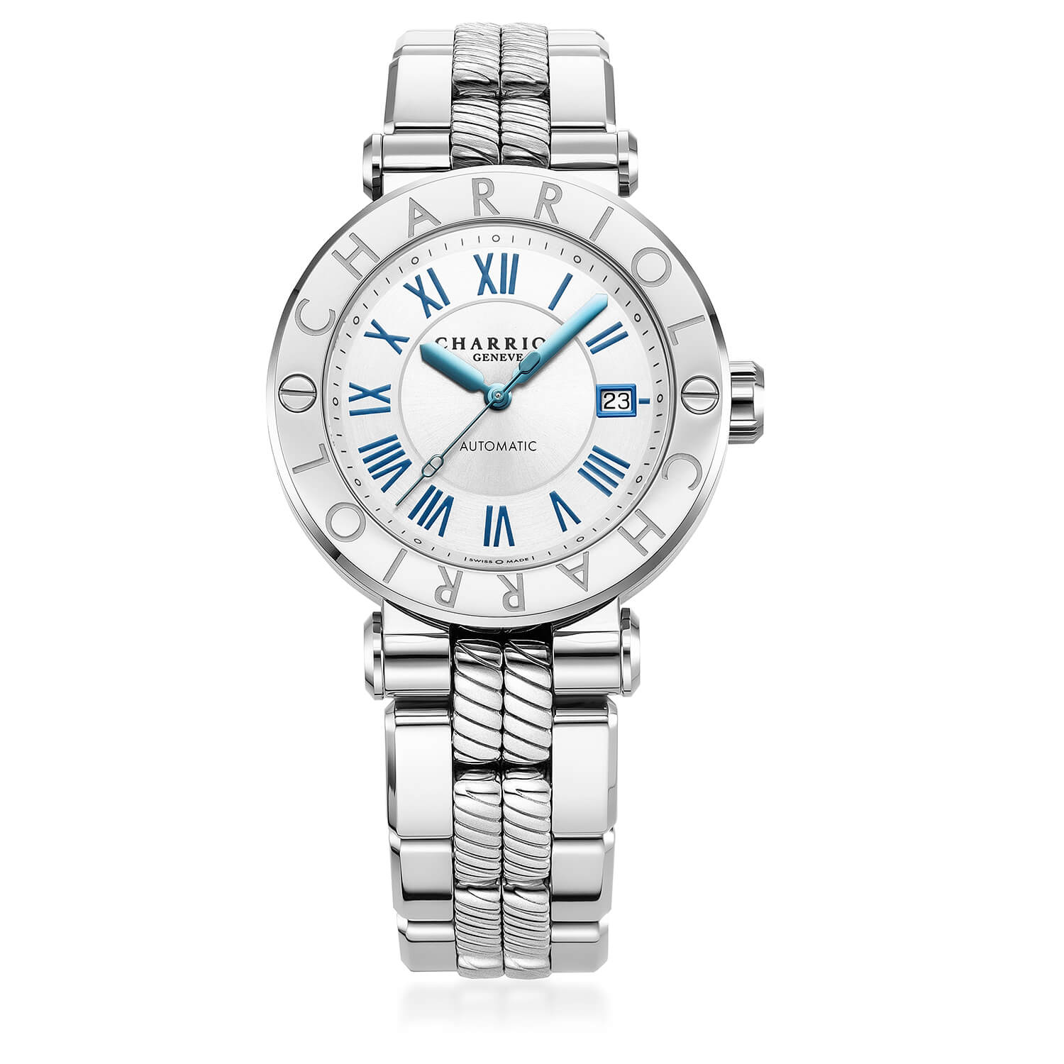 NAVIGATOR CRUISE, 41MM, AUTOMATIC CALIBRE, MATT WHITE CENTER SUN AND CIRCULAR DIAL WITH 11 BLUE ROMAN FIGURES, STEEL "CHARRIOL CHARRIOL" WITH 2 SCREWS BEZEL, ,METAL INTERCHANGEABLE BRACELET - © 2024 Charriol - Watch