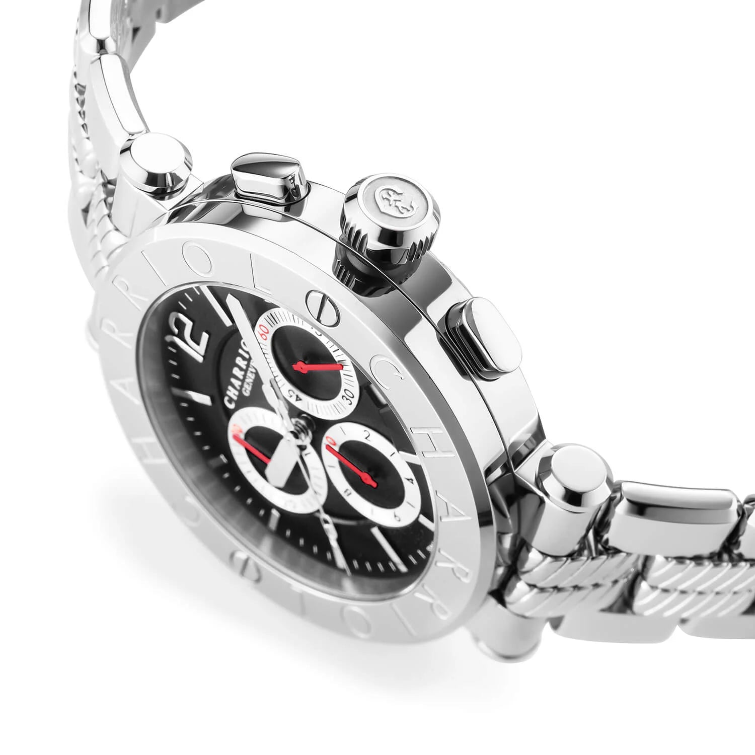 NAVIGATOR CRUISE41MM, CALIBRE CHRONOGRAPHIQUE QUARTZ, NOIR AVEC 3 MIROIRS RHODIUM & CADRAN INDEX, ZONE ACIER "CHARRIOL CHARRIOL " AVEC 2 VIS, BRACELET METALLIQUE INTERCHANGEABLE - © 2024 Charriol - Montres