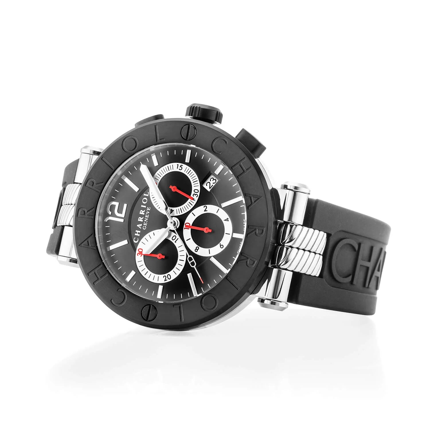 NAVIGATOR CRUISE41MM, CALIBRE CHRONOGRAPHIQUE QUARTZ, CADRAN NOIR AVEC CROIX ROUGE, ACIER PVD NOIR "CHARRIOL CHARRIOL " BEZEL, BRACELET INTERCHANGEABLE EN CAOUTCHOUC NOIR - © 2024 Charriol - Watch