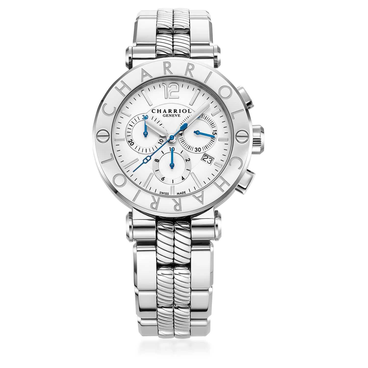 NAVIGATOR CRUISE41MM, CALIBRE CHRONOGRAPHIQUE QUARTZ, CADRAN BLANC, BEZEL "CHARRIOL CHARRIOL ", BRACELET INTERCHANGEABLE EN ACIER - Charriol Geneve - Montres