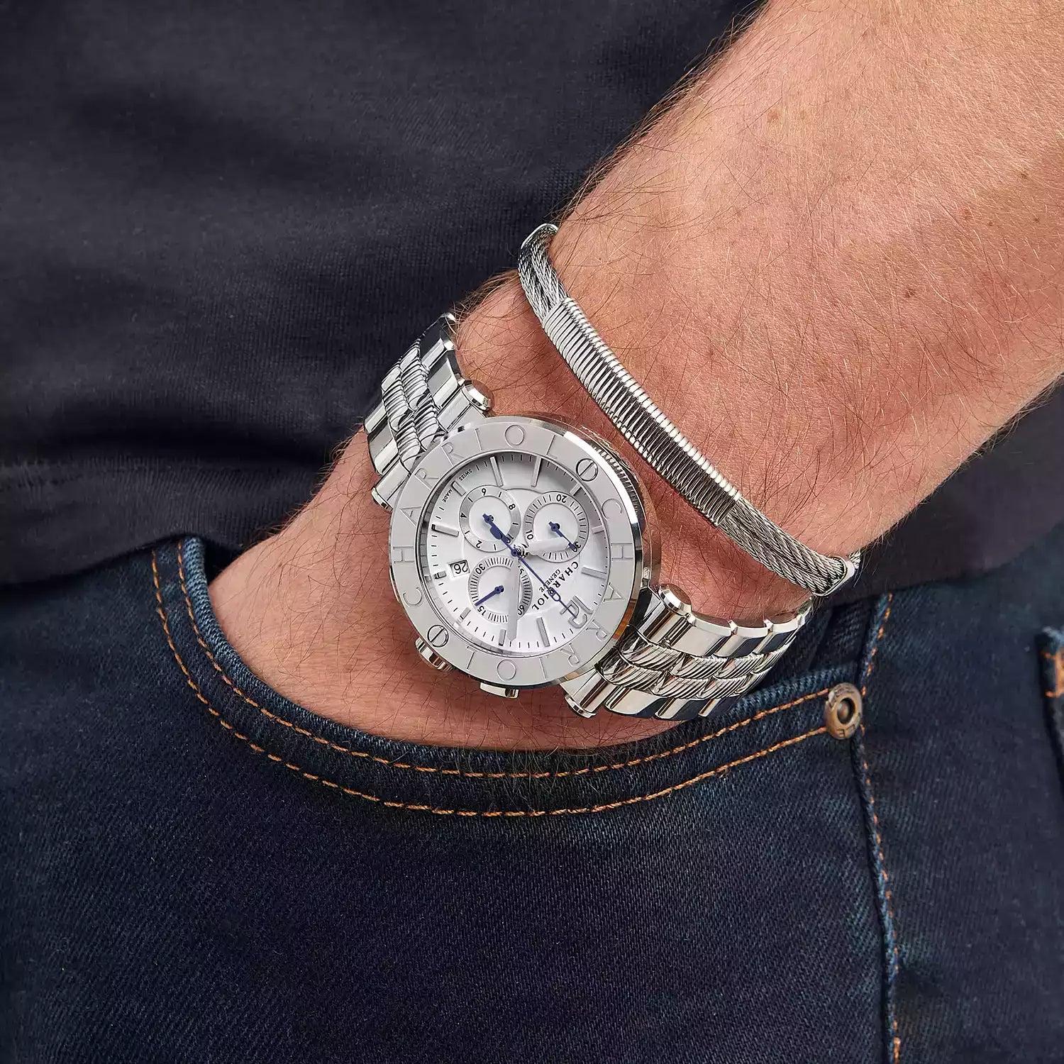 NAVIGATOR CRUISE41MM, CALIBRE CHRONOGRAPHIQUE QUARTZ, CADRAN BLANC, BEZEL "CHARRIOL CHARRIOL ", BRACELET INTERCHANGEABLE EN ACIER - Charriol Geneve - Montres