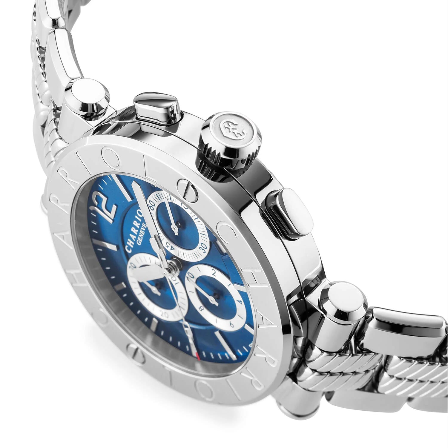 NAVIGATOR CRUISE41MM, QUARTZ CHRONOGRPH CALIBRE, BLEU AVEC 3 MIROIRS EN RHODIUM & CADRAN INDEX, ZONE EN ACIER "CHARRIOL CHARRIOL " AVEC 2 VIS, BRACELET INTERCHANGEABLE EN ACIER - © 2024 Charriol - Montres