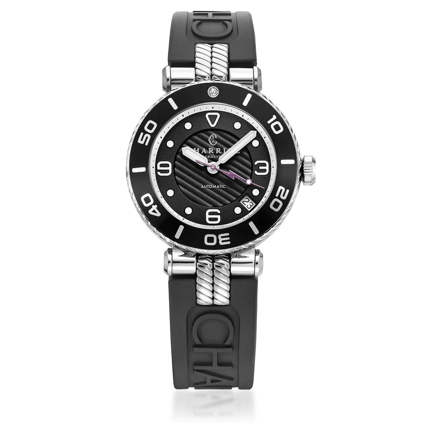 NAVIGATOR SURF, 36MM, AUTOMATIC CALIBRE, BLACK AND SILVER WITH LUMINOVA DIAL, BLACK UNIDIRECTIONAL BEZEL WITH 1 DIAMOND, BLACK RUBBER INTERCHANGEABLE BRACELET - ©2025 Philippe Charriol International Ltd. - Watch