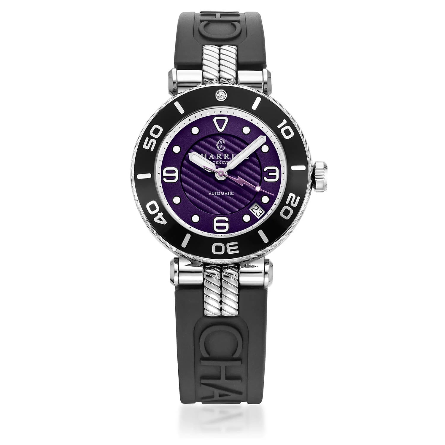 NAVIGATOR SURF, 36MM, CALIBRE AUTOMATIQUE, NOIR AVEC 1 DIAMANT, CADRAN PURPLE, BRACELET INTERCHANGEABLE EN CAOUTCHOUC NOIR - ©2024 Philippe Charriol International Ltd. - Montre
