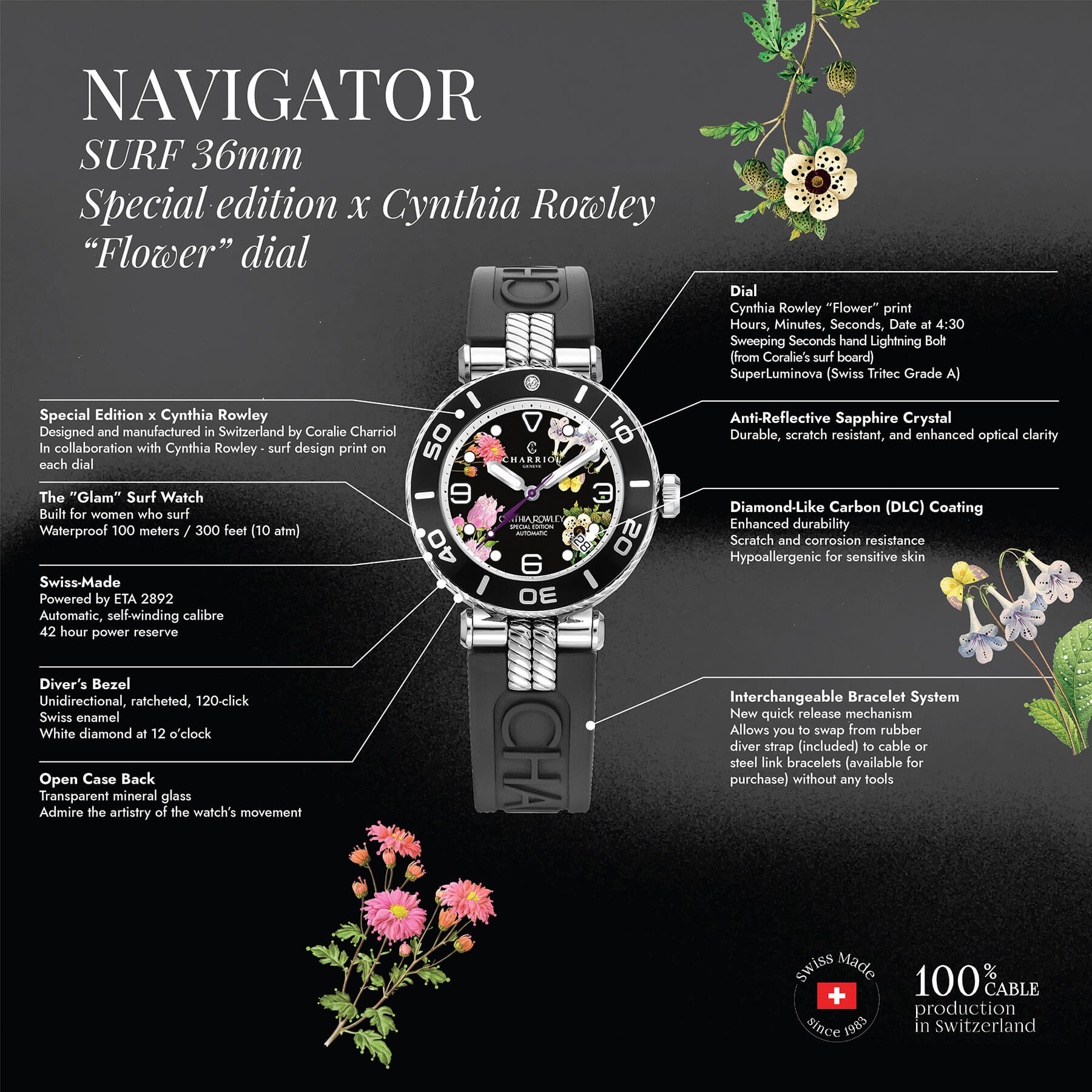 NAVIGATOR SURF, 36MM, CALIBRE AUTOMATIQUE, CADRAN FLEUR, NOIR AVEC 1 DIAMANT, BRACELET INTERCHANGEABLE EN CAOUTCHOUC NOIR, EDITION SPECIALE X CYNTHIA ROWLEY - © 2024 Charriol - Montre
