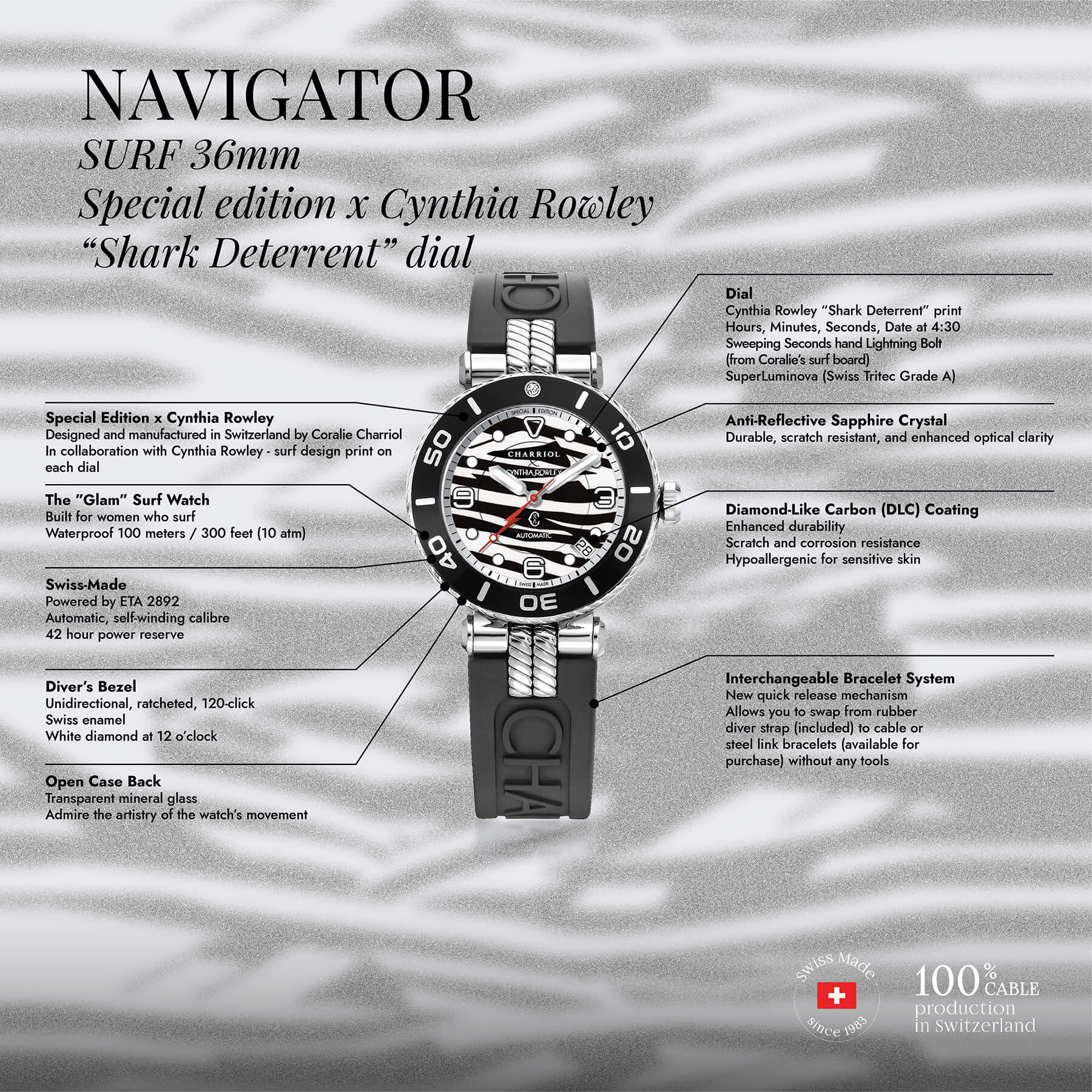 NAVIGATOR SURF, 36MM, CALIBRE AUTOMATIQUE, CADRAN DETERRENT REQUIN, NOIR AVEC 1 DIAMANT, BRACELET INTERCHANGEABLE EN CAOUTCHOUC NOIR, EDITION SPECIALE X CYNTHIA ROWLEY - © 2024 Charriol - Montre