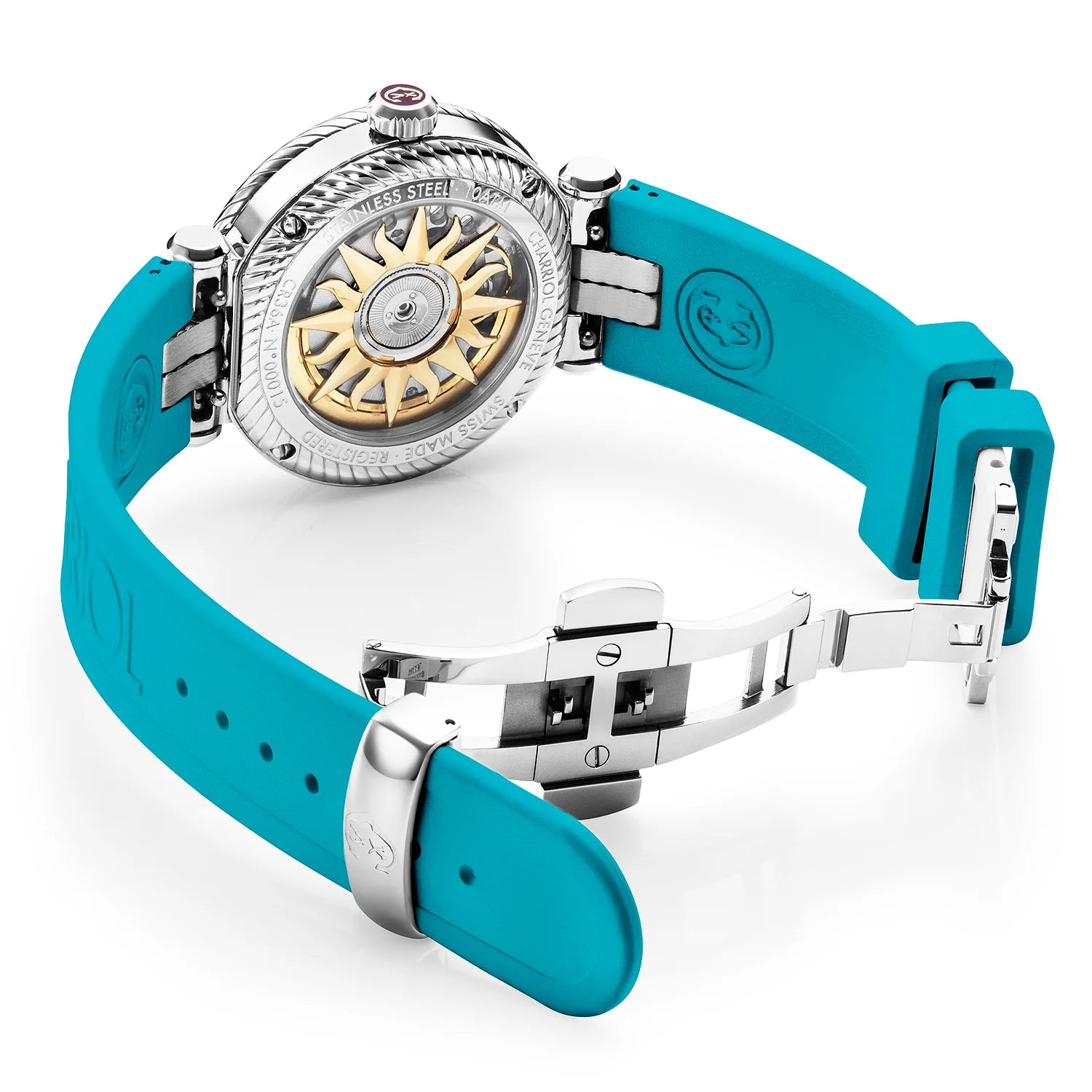 NAVIGATOR SURF, 36MM, CALIBRE AUTOMATIQUE, CADRAN TURQUOISE, BAGUE TURQUOISE, BRACELET INTERCHANGEABLE EN CAOUTCHOUC TURQUOISE - Charriol Geneve - Montre