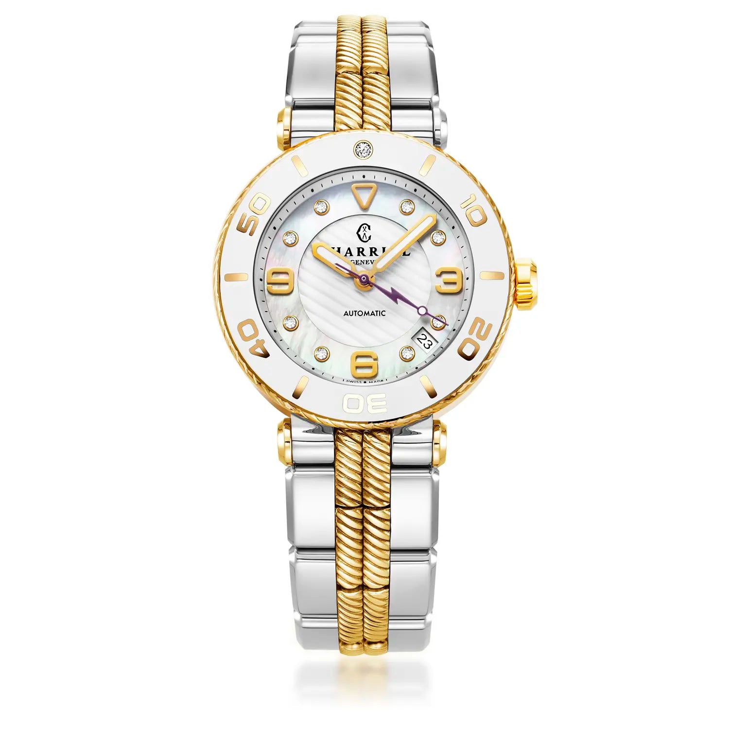 NAVIGATOR SURF, 36MM, CALIBRE AUTOMATIQUE, CADRAN BLANC, ZONE BLANCHE, BRACELET INTERCHANGEABLE BICOLORE ACIER - Charriol Geneve - Montre