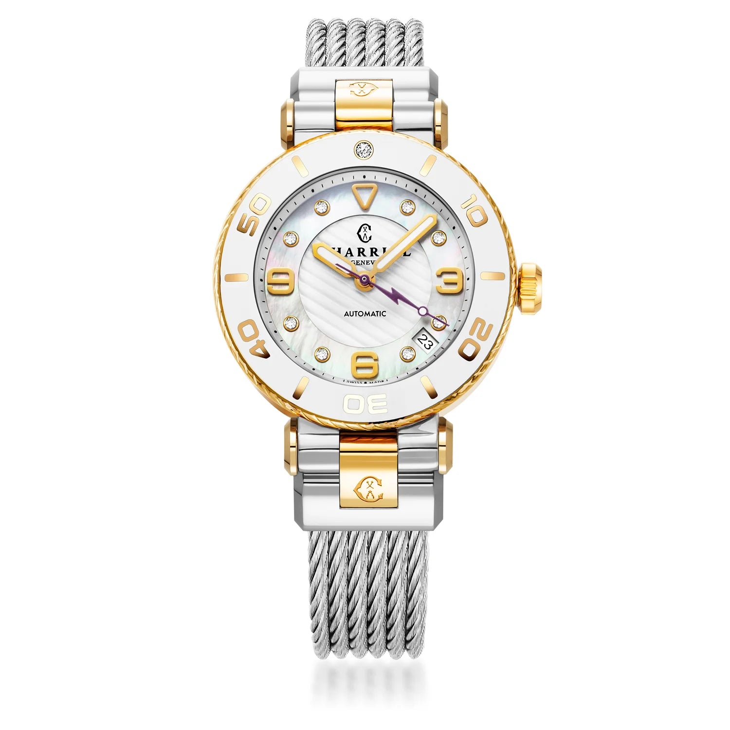 NAVIGATOR SURF, 36MM, CALIBRE AUTOMATIQUE, CADRAN BLANC, BAGUE BLANCHE, BRACELET INTERCHANGEABLE CABLE ACIER - Charriol Geneve - Montre