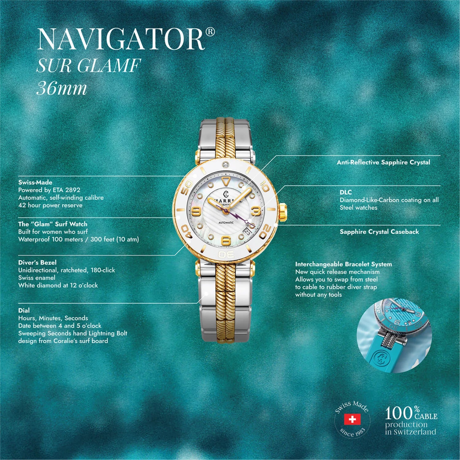 NAVIGATOR SURF, 36MM, CALIBRE AUTOMATIQUE, CADRAN BLANC, ZONE BLANCHE, BRACELET INTERCHANGEABLE BICOLORE ACIER - Charriol Geneve - Montre